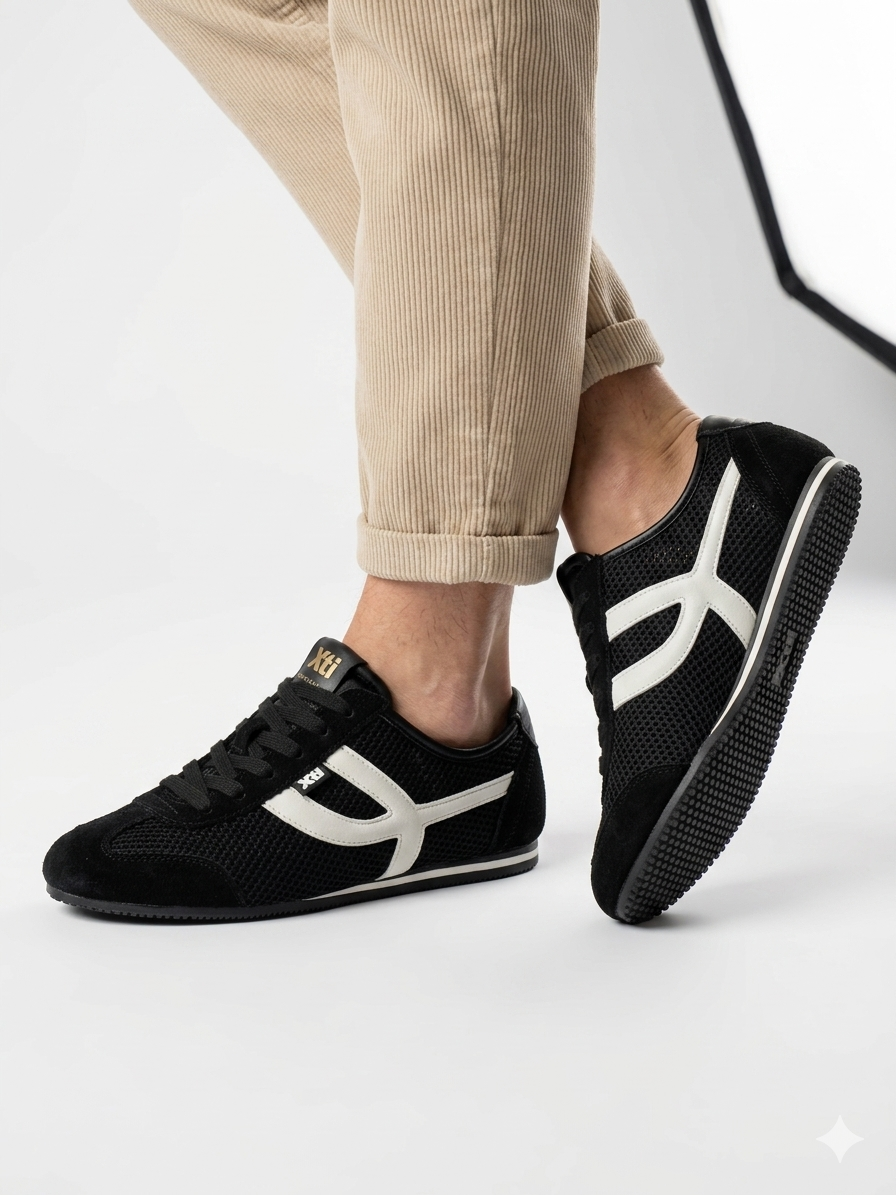 Ténis Femininos Xti em Preto e Branco; Sapatilhas Desportivas Urbanas em Malha e Camurça; Calçado Casual Confortável com Detalhes Dourados e Design Moderno