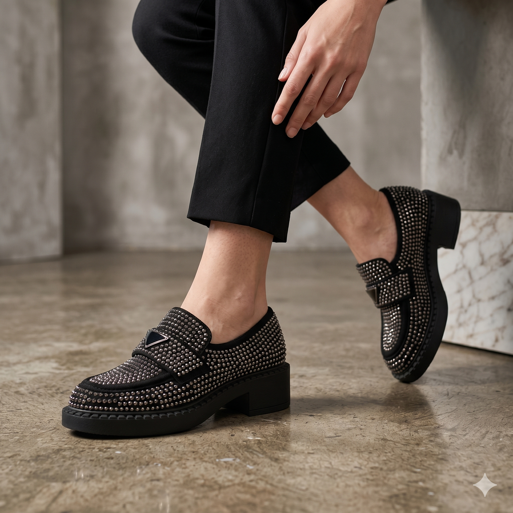 Mocassim Feminino  Rockaway com Brilhantes e Pedraria Luxo; Sapato de Salto Baixo Tratorado; Loafers Pretos Elegantes para Festa e Cerimónia Portugal