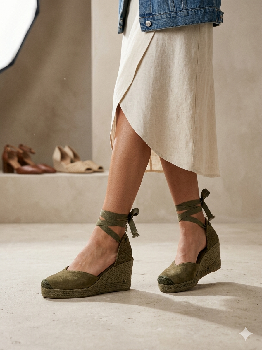 Alpercatas de Cunha Verde Tropa Senhora Vanice; Sandálias de Salto com Atacadores no Tornozelo; Sapatos de Corda Estilo Boho para Verão