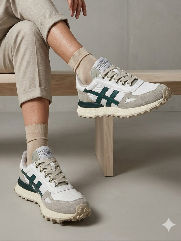 Ténis Desportivos Unissexo Brancos Verde e Cinza com Sola Tratorada de Cânhamo; Sapatilhas de Corrida Retro com Painéis de Camurça Cinza e Riscas Verde Vintage; Calçado Casual Confortável para Caminhada e Ginásio; Sneakers Urbanos Estilo Clássico
