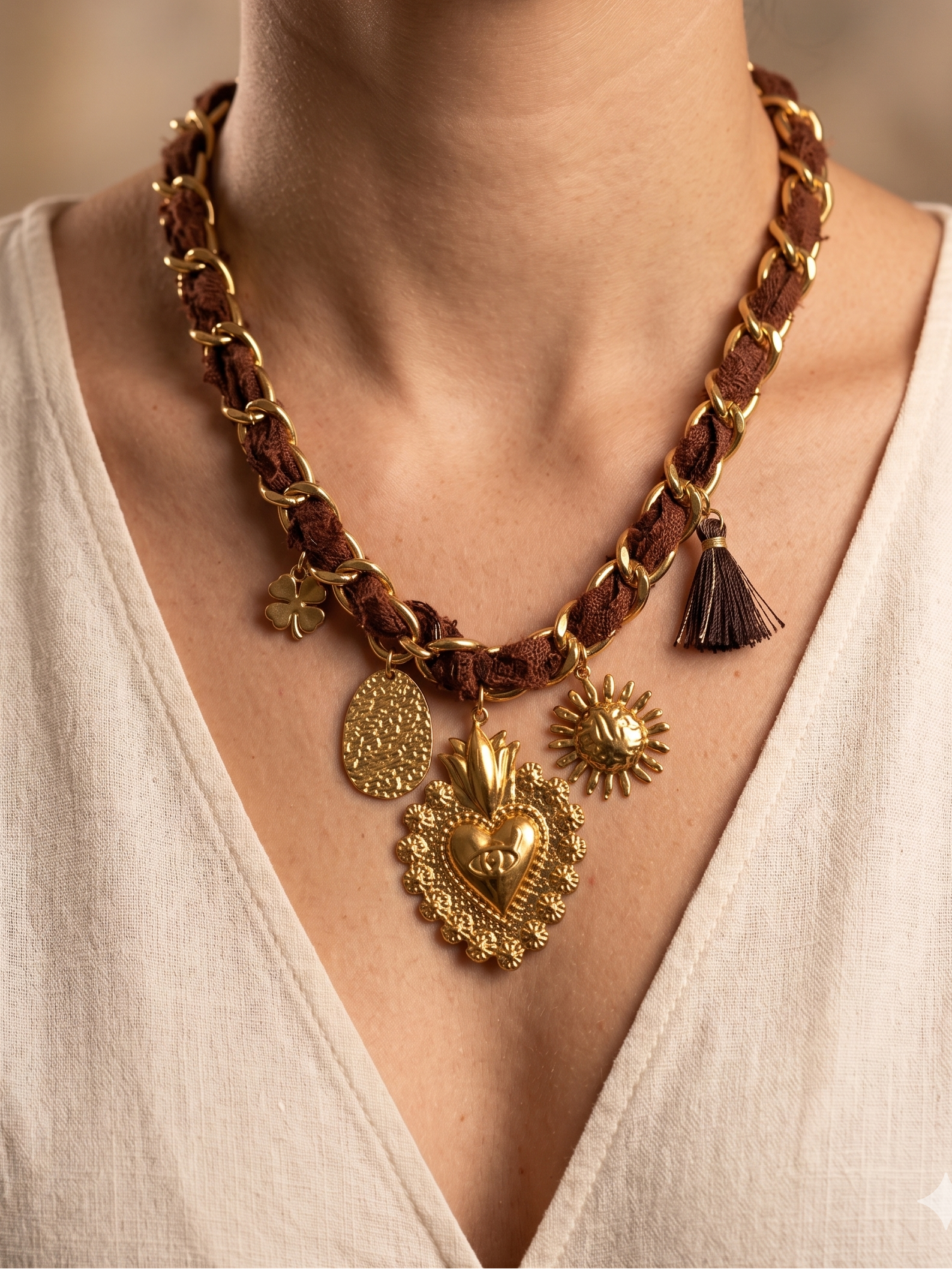 Colar de Corrente Dourada com Cordão Castanho Entrançado e Pendentes de Coração de Viana, Sol e Estrela, Gargantilha Feminina Estilo Boho e Vintage para Oferta de Senhora.