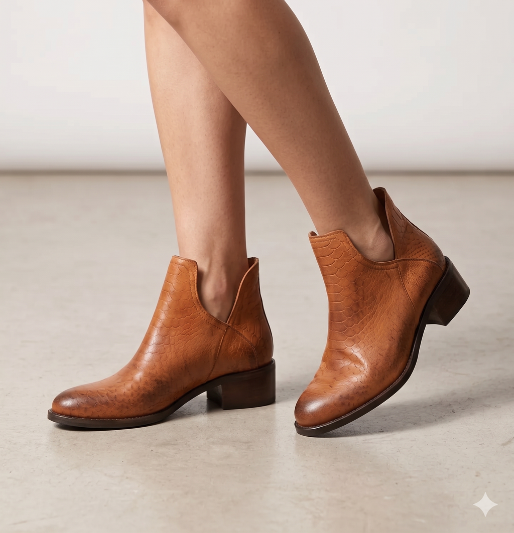 Botins Femininos Macadi em Pele Caramelo com Textura Croco, Botas de Cano Curto com Recorte em V e Salto Bloco Baixo, Estilo Casual Chique e Confortável