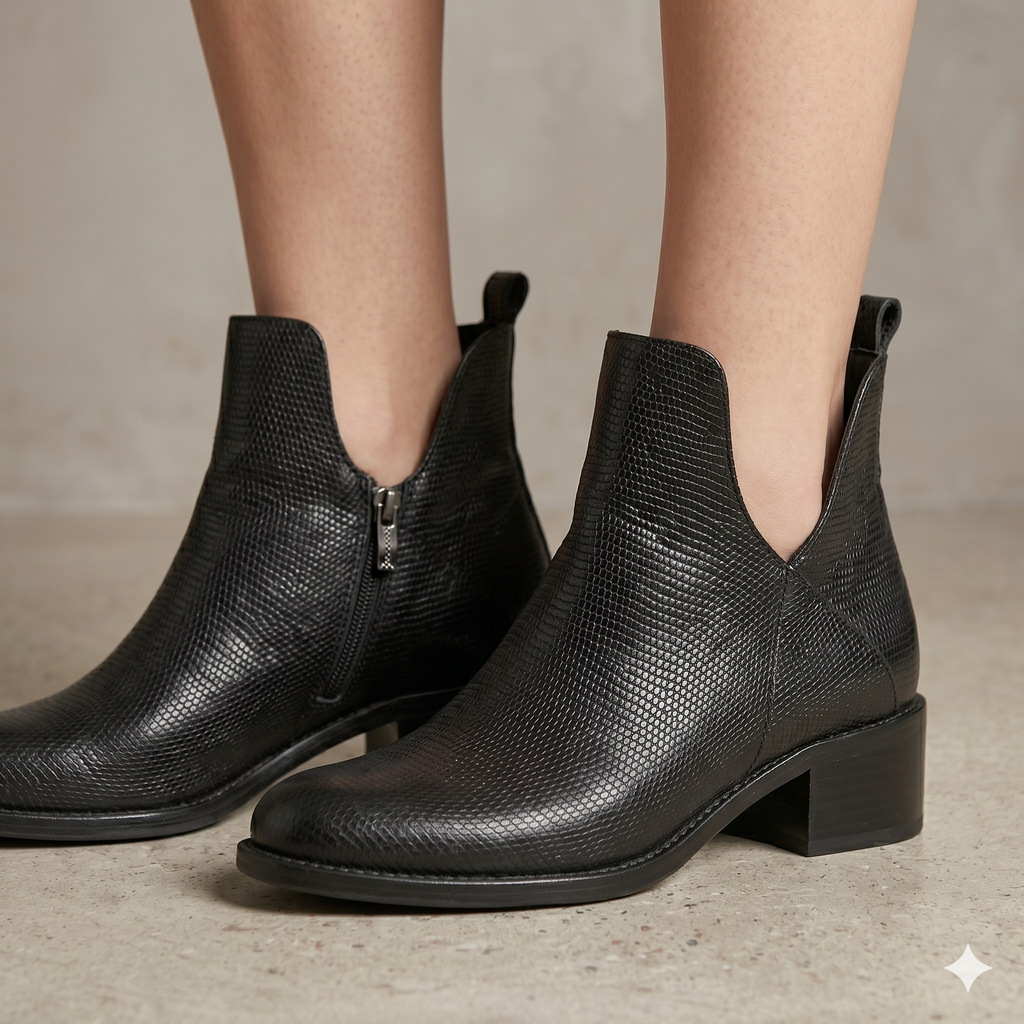 Botins Femininos Macadi em Pele com Recorte em V e Fecho, Botas de Cano Curto com Salto Baixo e Bico Fino, Estilo Casual e Confortável