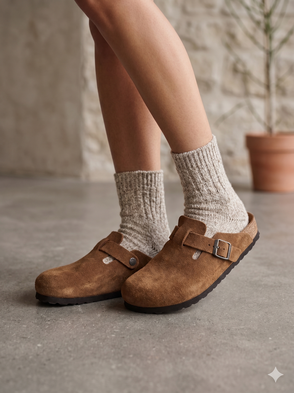 Sapatos Birkenstock Boston BS Dark Tea Tonal FB Castanho Caramelo casuais de camurça com fivela ajustável, socos confortáveis com sola de cortiça ergonómica, calçado unissexo estilo clássico para uso diário