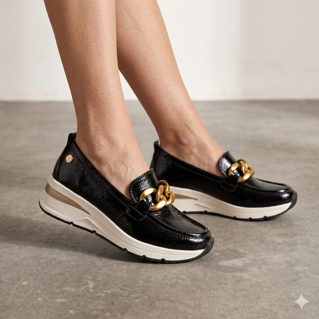 Mocassim Femininos Xti Eco Pele Envernizada Preta com Corrente Dourada, Sapatos Loafers com Sola Desportiva Confortável, Design Casual Chic