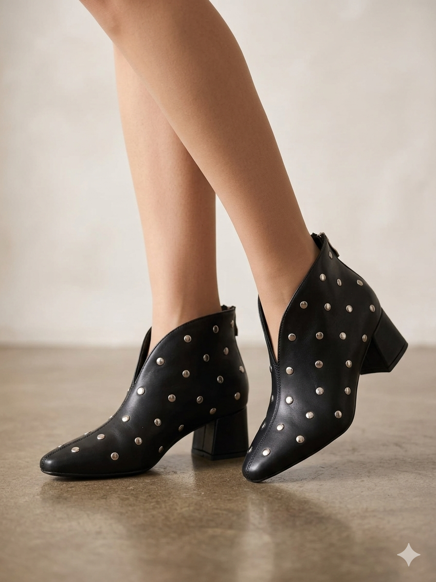 Botins Femininos Buonarotti em Pele Preta com Tachas Prateadas, Estilo Rocker com Salto Largo Baixo e Confortável, Design Moderno com Corte em V e Fecho Atrás