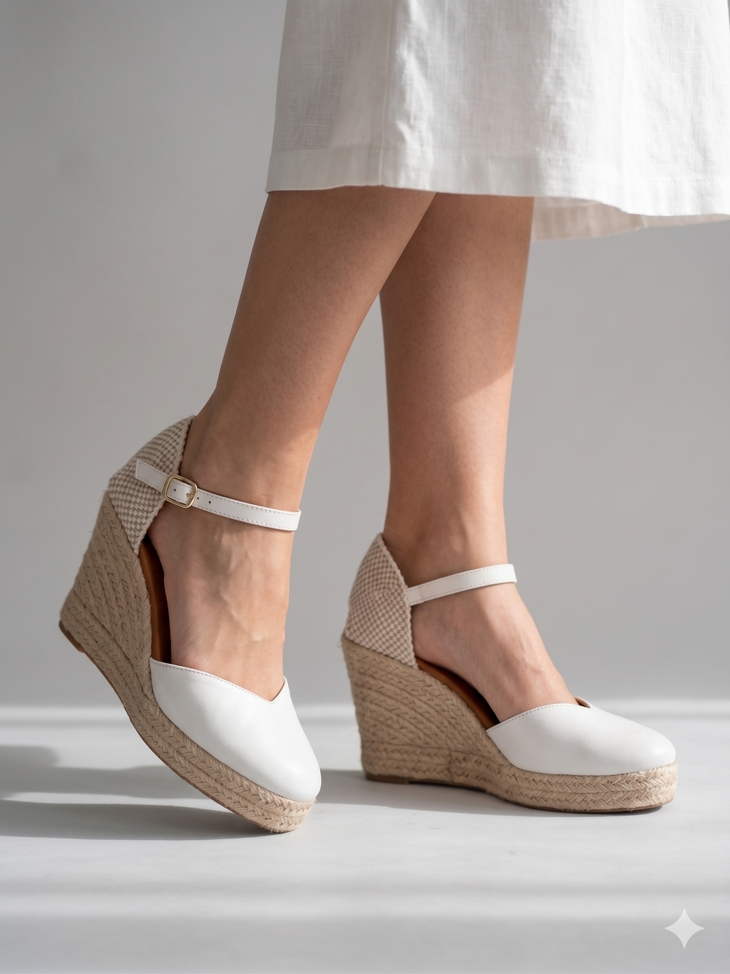 Alpercatas de Cunha em Pele Branco Senhora Manuel; Sandálias Salto Médio com Tira no Tornozelo; Sapatos de Corda Confortáveis para Verão