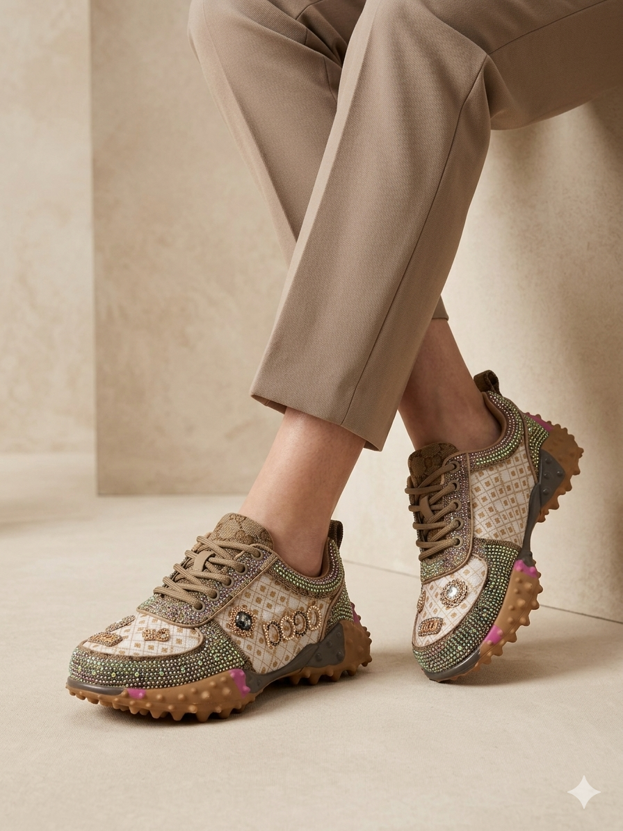Sapatilhas Femininas Rockaway de Luxo Com Brilhantes e Strass Rock; Ténis Castanho Plataforma com Sola Tratorada de Espinhos; Calçado Casual Confortável Moda Streetwear Outono Inverno