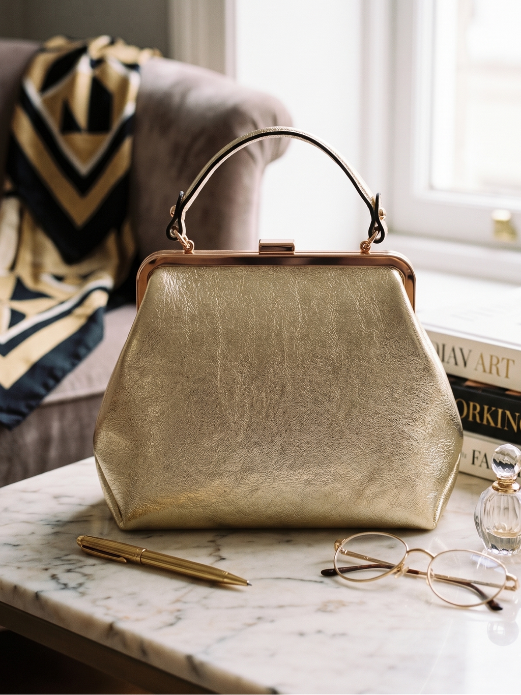 Mala de Mão Macadi Vintage de Pele Dourada Mulher; Bolsa Clutch de Festa com Fecho Clássico e Alça de Ombro Removível; Acessório Elegante para Cerimónia e Casamento