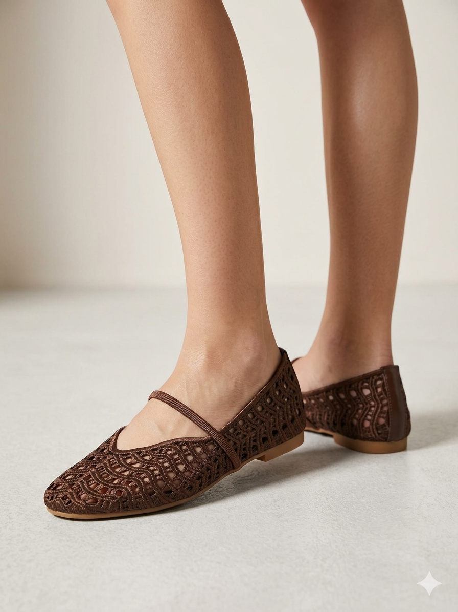 Sapatilhas de senhora em crochê castanho Ideal Shoes, sabrinas rasas confortáveis com tira, sapatos casuais de verão respiráveis, novos e elegantes.