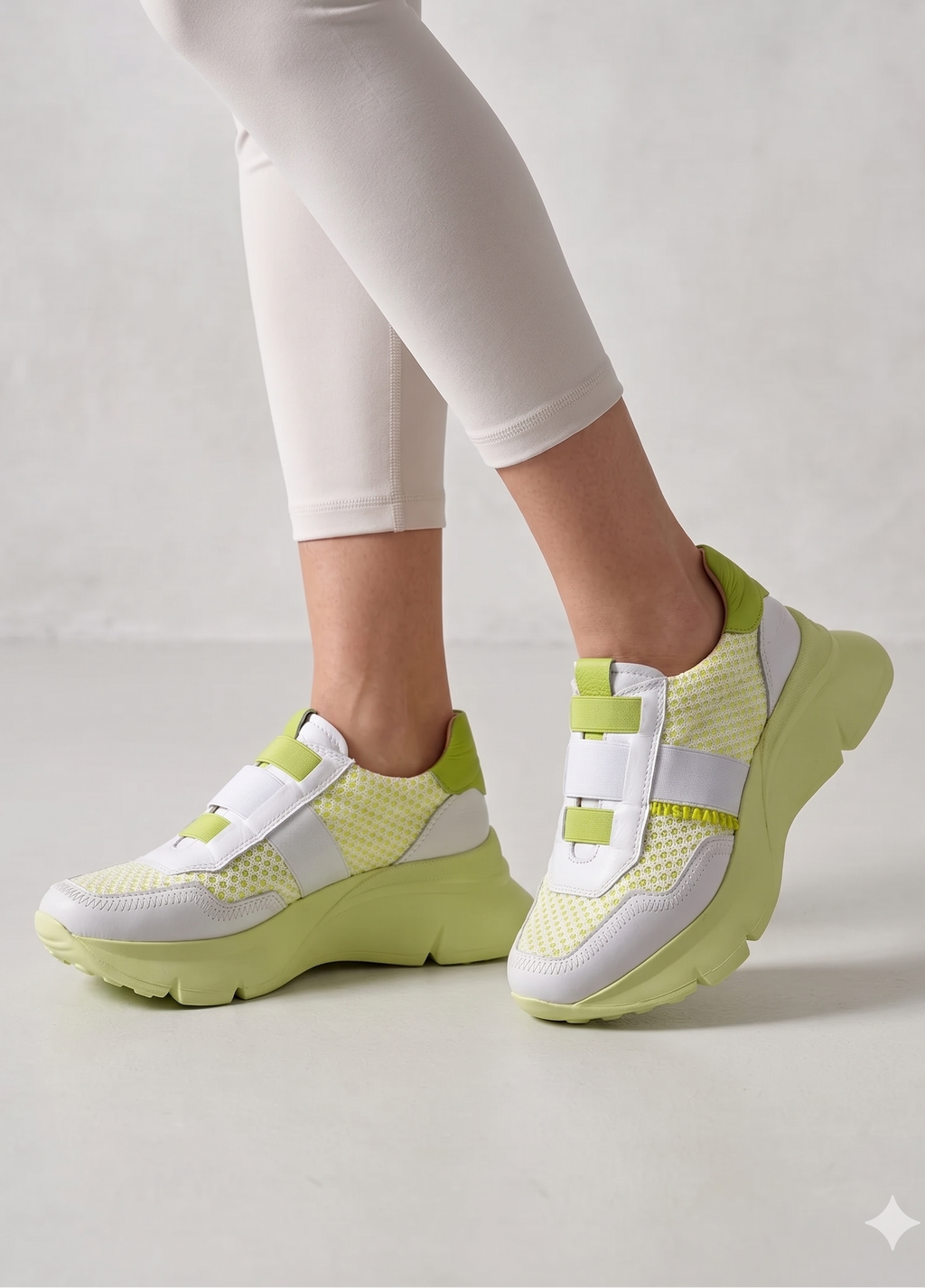 Sapatilhas Hispanitas Mulher Branco e Verde Limão Lima Neon; Ténis de Plataforma Casual em Pele com Malha Respirável; Calçado Confortável Sem Atacadores