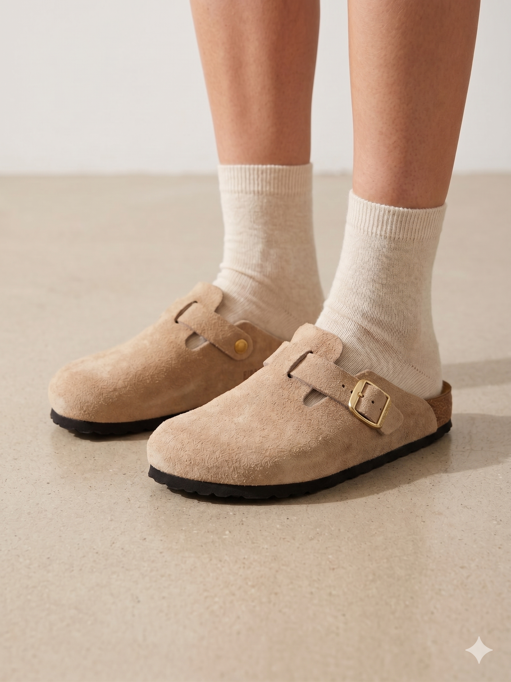 Sapatos Birkenstock Boston BS Sandcastle Bege casuais em camurça, socas confortáveis com fivela ajustável e sola de cortiça, calçado unissexo estilo boho para outono e inverno