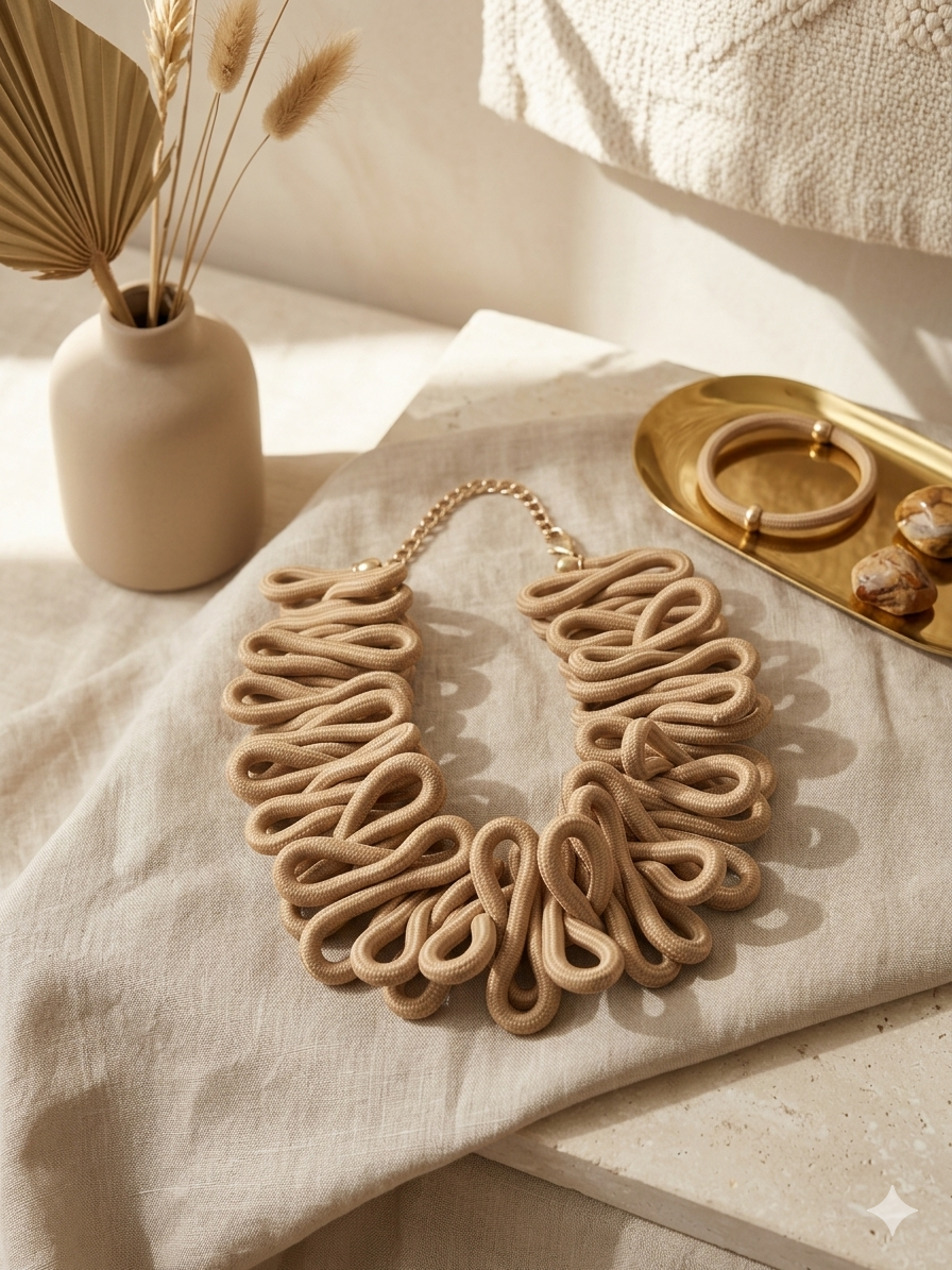 Colar Cervical Artesanal de Corda Náutica Bege, Gargantilha Maxi Colar Feminino de Cordão Entrelaçado com Corrente de Metal Dourada Ajustável, Acessórios e Bijutaria de Moda e Estilo Outono Inverno