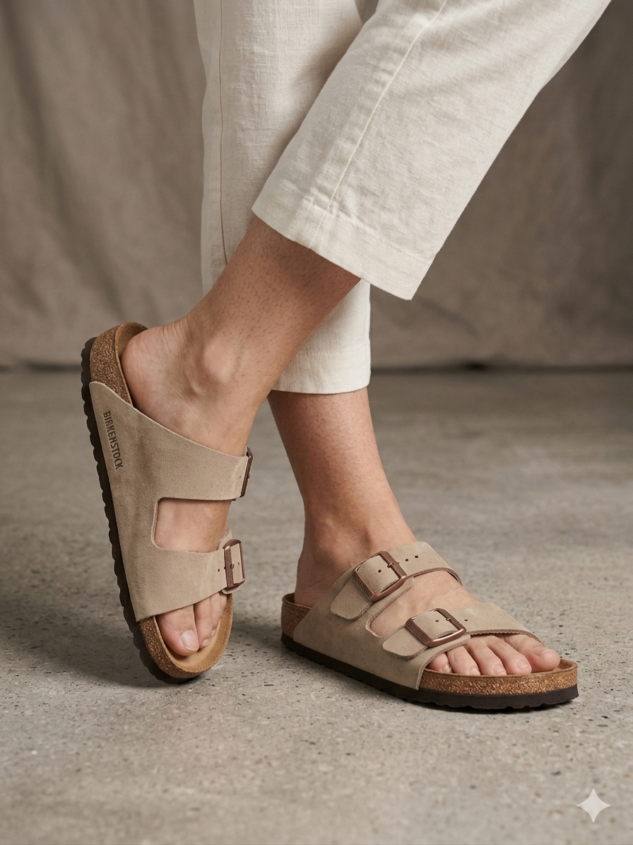Sandálias Birkenstock Arizona Bege de Camurça; Chinelos de Cortiça Ergonómicos com Fivelas de Cobre Ajustáveis para Mulher e Homem