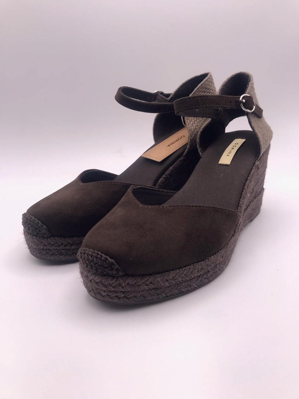 Alpercatas Cunha Castanhas Senhora Corina Cafe; Sandálias Cunha Salto Médio Verão; Sapatos de Cunha com Tira no Tornozelo Confortáveis