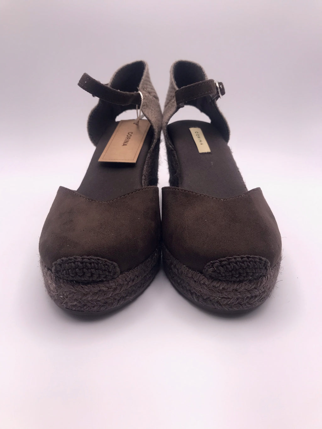 Alpercatas Cunha Castanhas Senhora Corina Cafe; Sandálias Cunha Salto Médio Verão; Sapatos de Cunha com Tira no Tornozelo Confortáveis