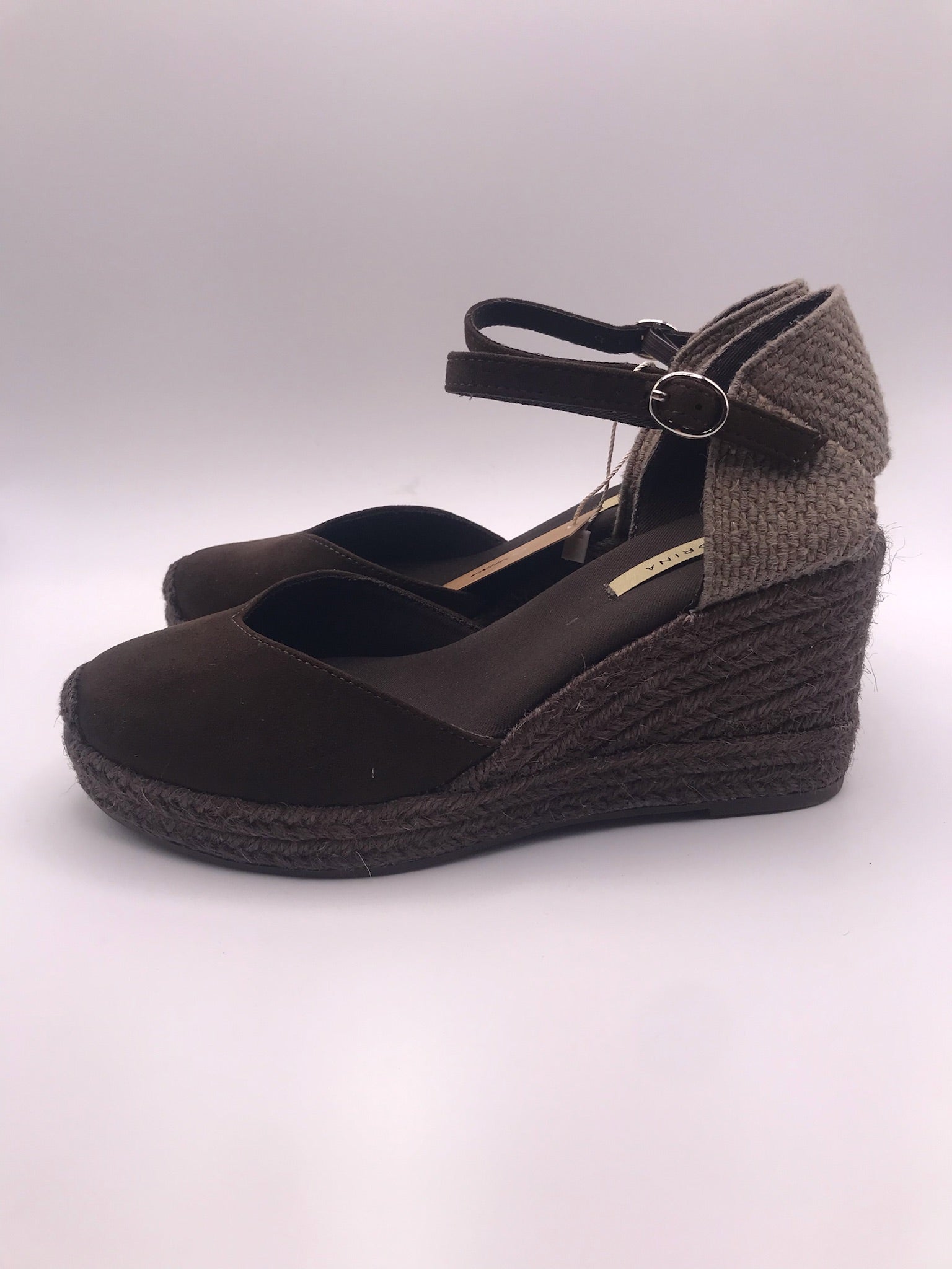 Alpercatas Cunha Castanhas Senhora Corina Cafe; Sandálias Cunha Salto Médio Verão; Sapatos de Cunha com Tira no Tornozelo Confortáveis