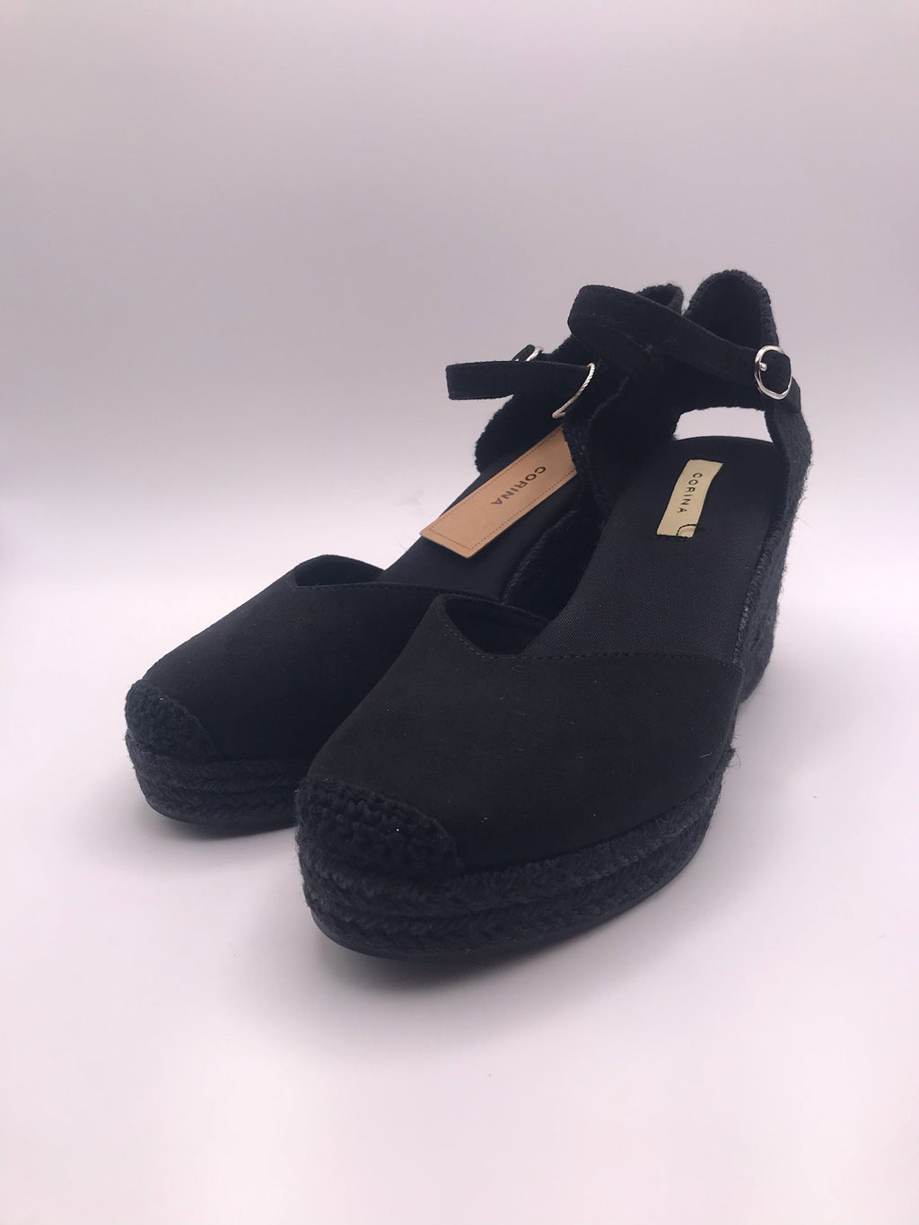 Alpercatas de Cunha Pretas Senhora Corina; Sandálias Salto Médio com Tira no Tornozelo; Sapatos de Corda Confortáveis para Verão