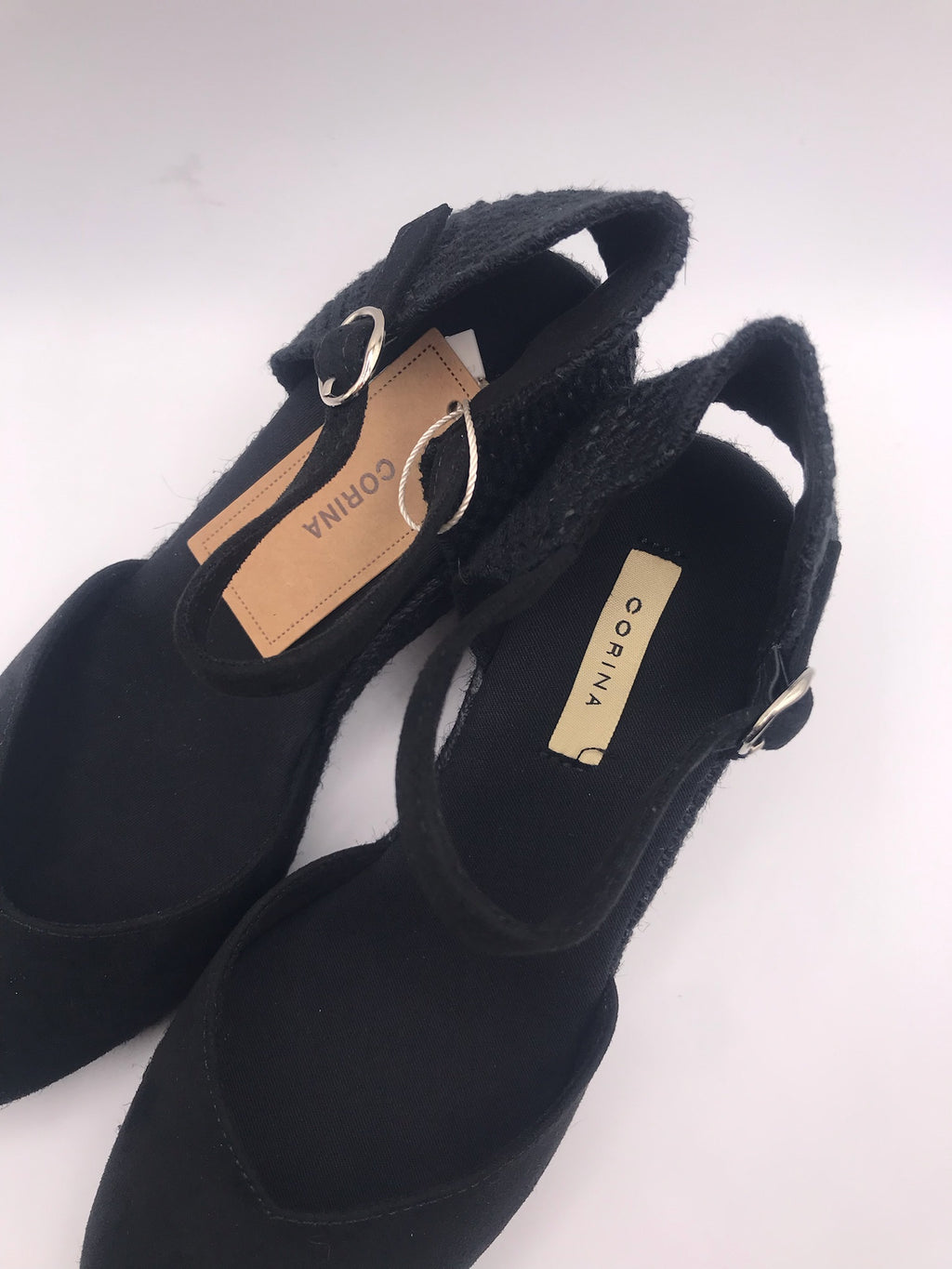 Alpercatas de Cunha Pretas Senhora Corina; Sandálias Salto Médio com Tira no Tornozelo; Sapatos de Corda Confortáveis para Verão