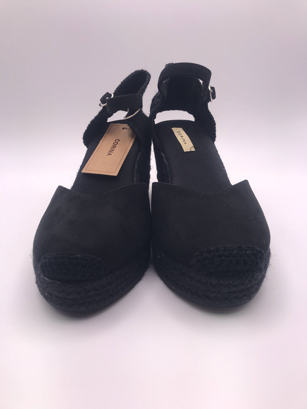 Alpercatas de Cunha Pretas Senhora Corina; Sandálias Salto Médio com Tira no Tornozelo; Sapatos de Corda Confortáveis para Verão