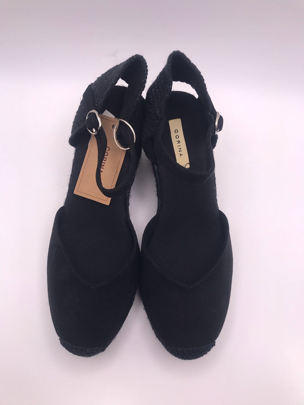 Alpercatas de Cunha Pretas Senhora Corina; Sandálias Salto Médio com Tira no Tornozelo; Sapatos de Corda Confortáveis para Verão