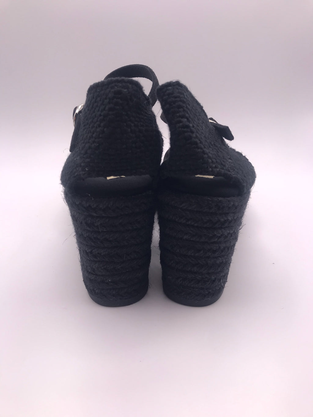 Alpercatas de Cunha Pretas Senhora Corina; Sandálias Salto Médio com Tira no Tornozelo; Sapatos de Corda Confortáveis para Verão
