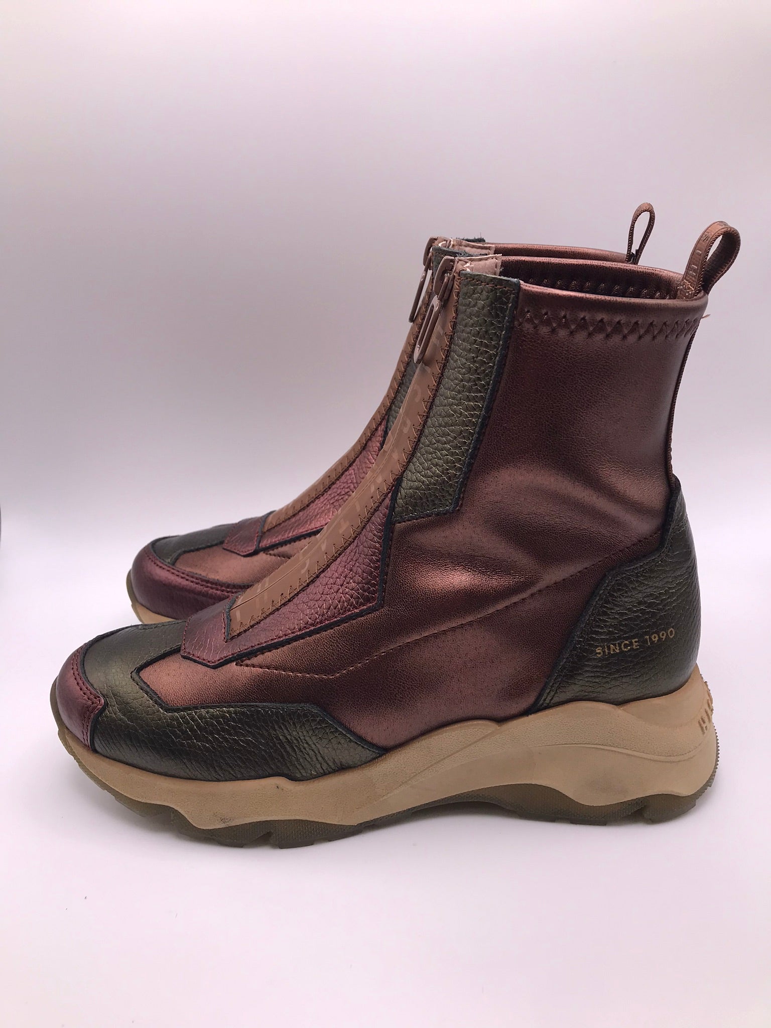 BOTA TÊNIS HISPANITAS VERDE BORDO CASTANHO ROXO CINZA ZIPER FRENTE LOGO