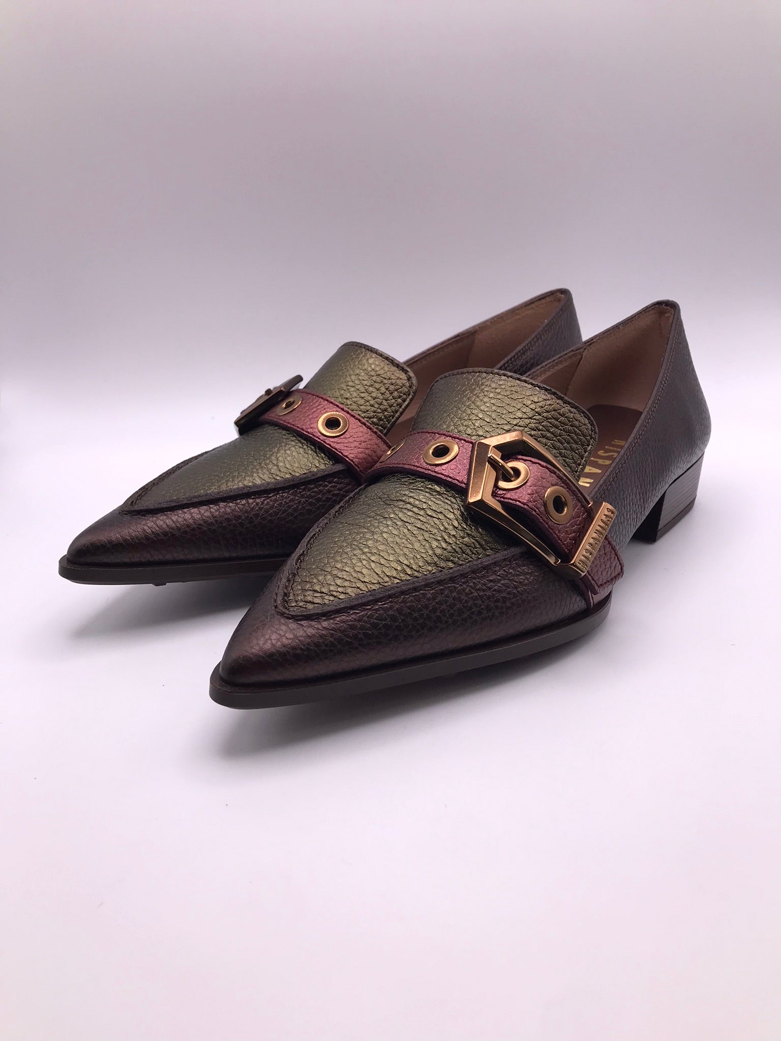 SABRINA HISPANITAS PRETO COURO BICUDO ROXO VERDE TIRA REGULAVEL FIVELA DOURDA SALTO