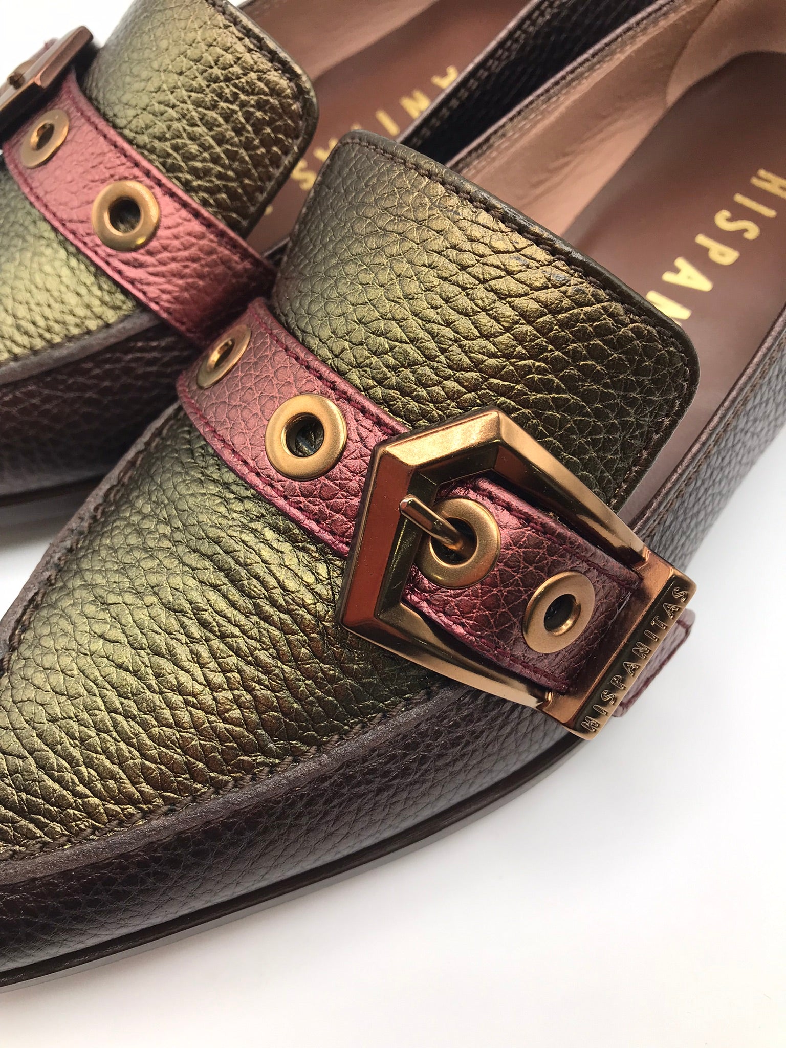 SABRINA HISPANITAS PRETO COURO BICUDO ROXO VERDE TIRA REGULAVEL FIVELA DOURDA SALTO