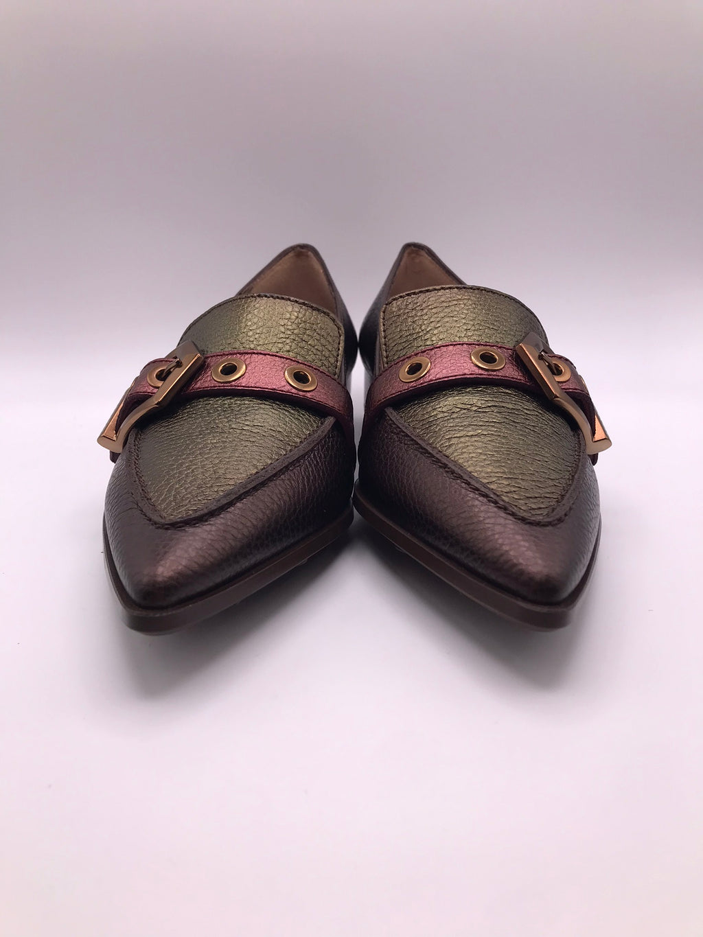 SABRINA HISPANITAS PRETO COURO BICUDO ROXO VERDE TIRA REGULAVEL FIVELA DOURDA SALTO