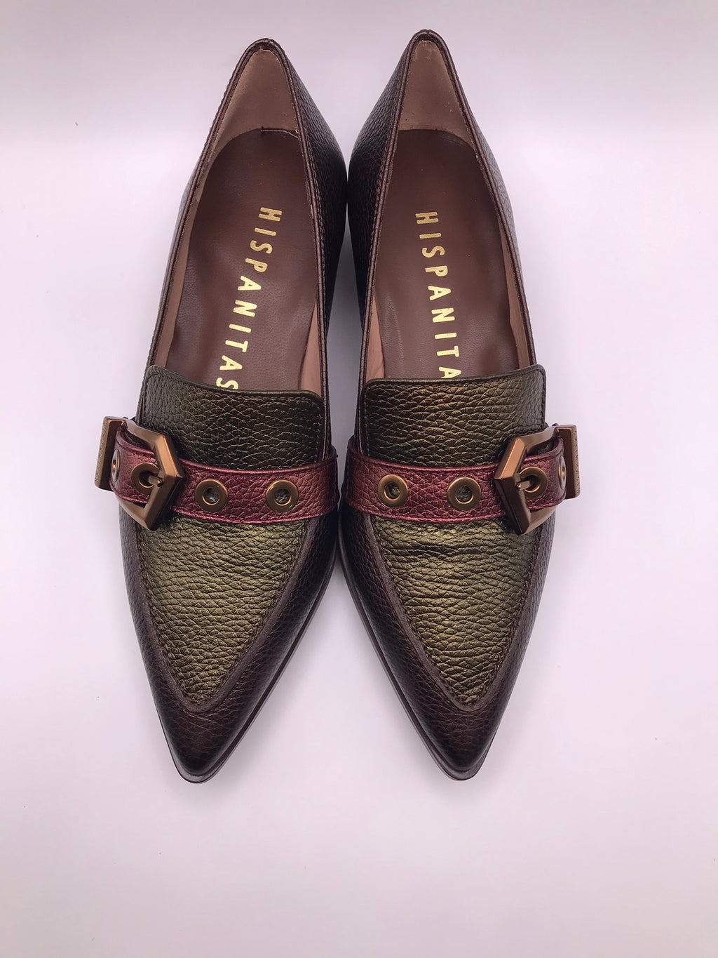 SABRINA HISPANITAS PRETO COURO BICUDO ROXO VERDE TIRA REGULAVEL FIVELA DOURDA SALTO