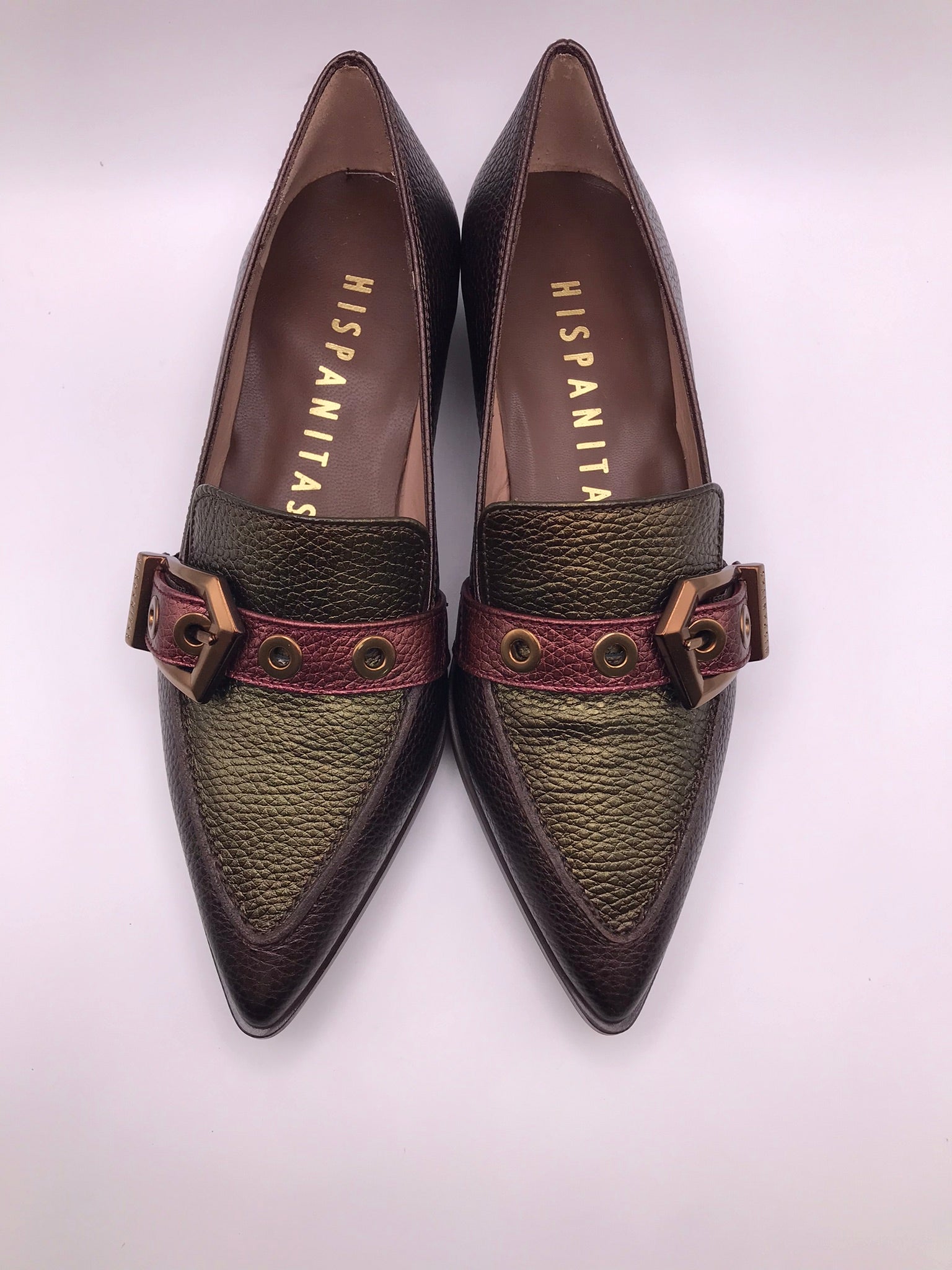 SABRINA HISPANITAS PRETO COURO BICUDO ROXO VERDE TIRA REGULAVEL FIVELA DOURDA SALTO