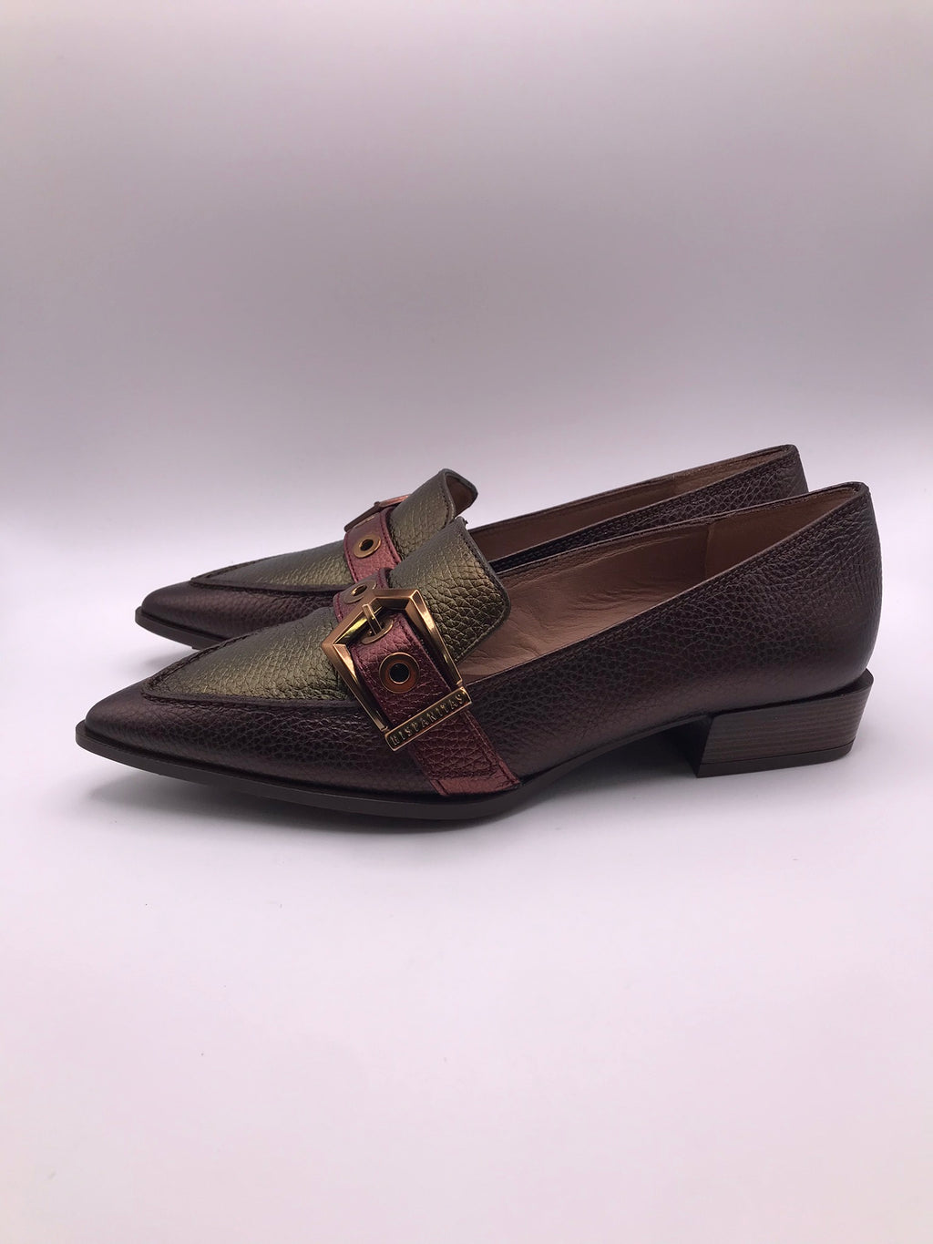 SABRINA HISPANITAS PRETO COURO BICUDO ROXO VERDE TIRA REGULAVEL FIVELA DOURDA SALTO