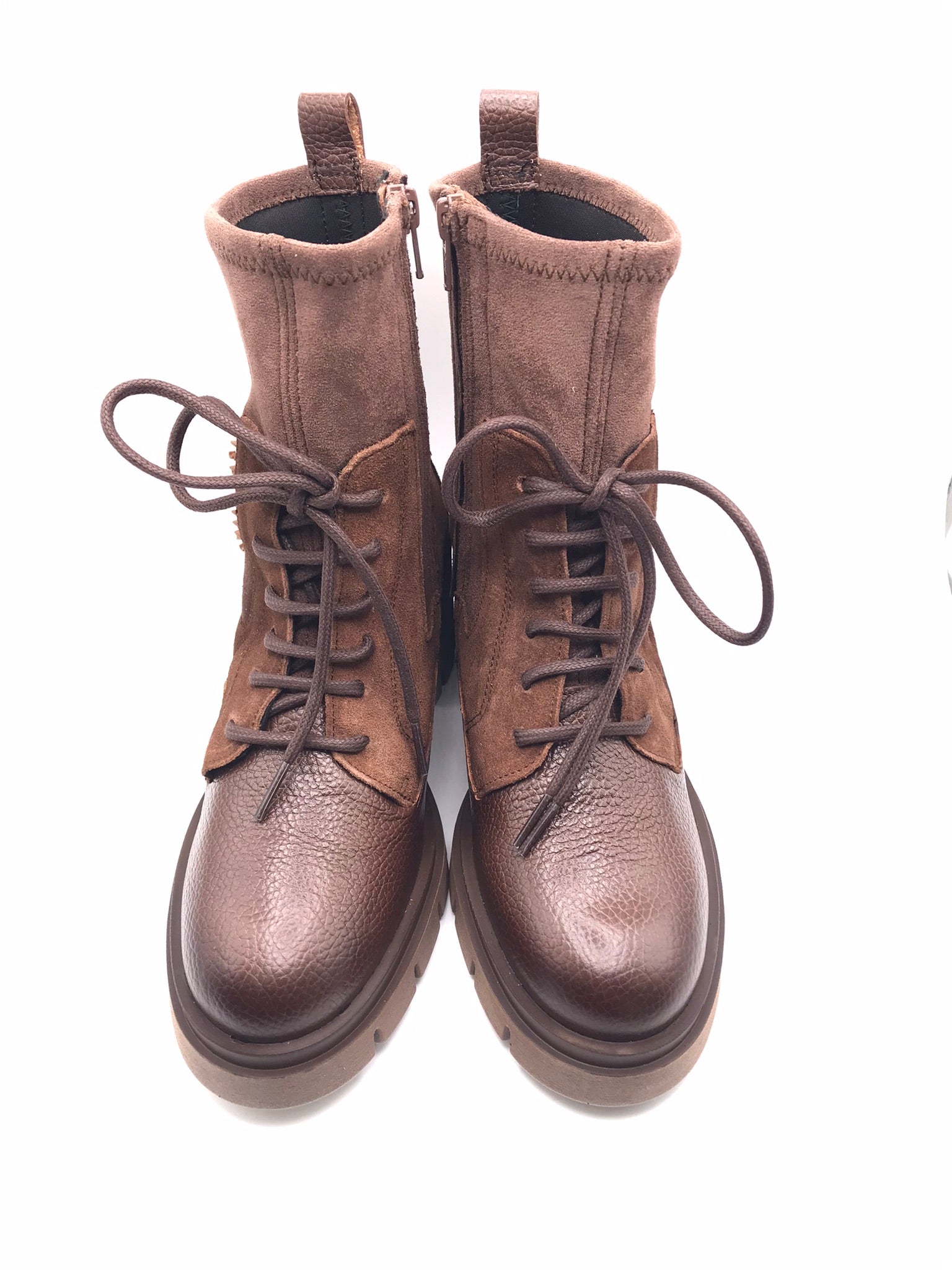 BOTA COTURNO HISPANITAS CASTANHO ESCURO COURO LOGO LATERAL ZIPER DETALHES EM CAMURÇA