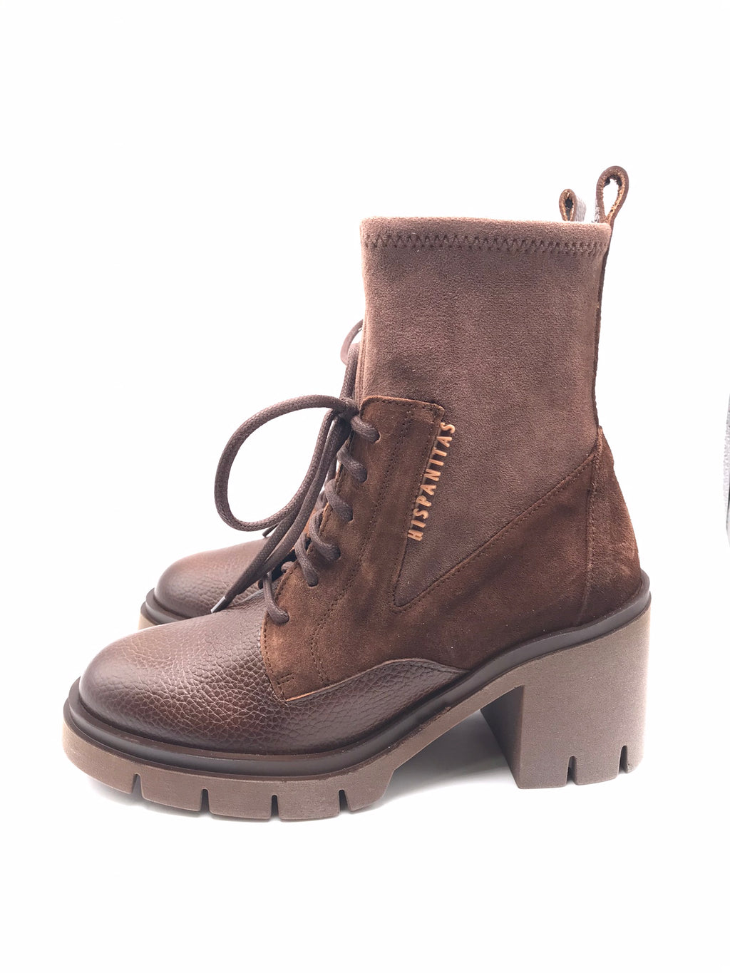 BOTA COTURNO HISPANITAS CASTANHO ESCURO COURO LOGO LATERAL ZIPER DETALHES EM CAMURÇA