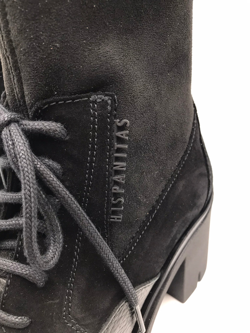 BOTA COTURNO HISPANITAS PRETO COURO LOGO LATERAL ZIPER DETALHES EM CAMURÇA