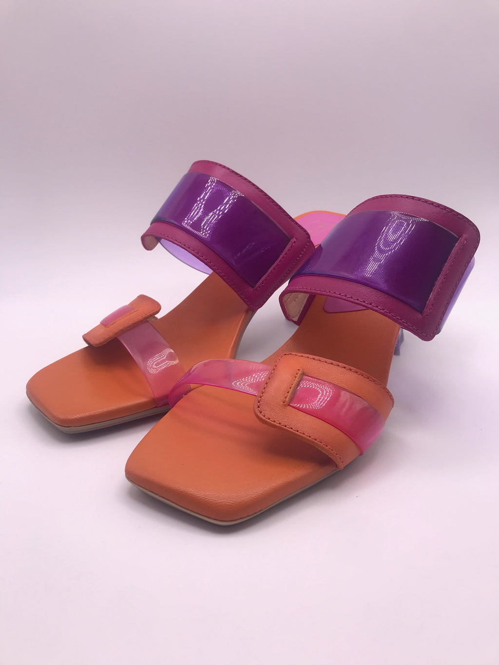 SALTO SANDÁLIA HISPANITAS ROXO LARANJA COURO TIRA SILICONE BICO QUADRADO
