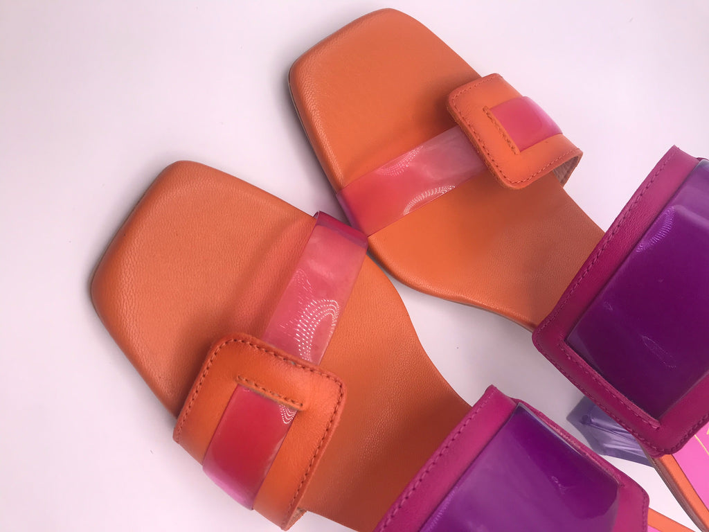 SALTO SANDÁLIA HISPANITAS ROXO LARANJA COURO TIRA SILICONE BICO QUADRADO