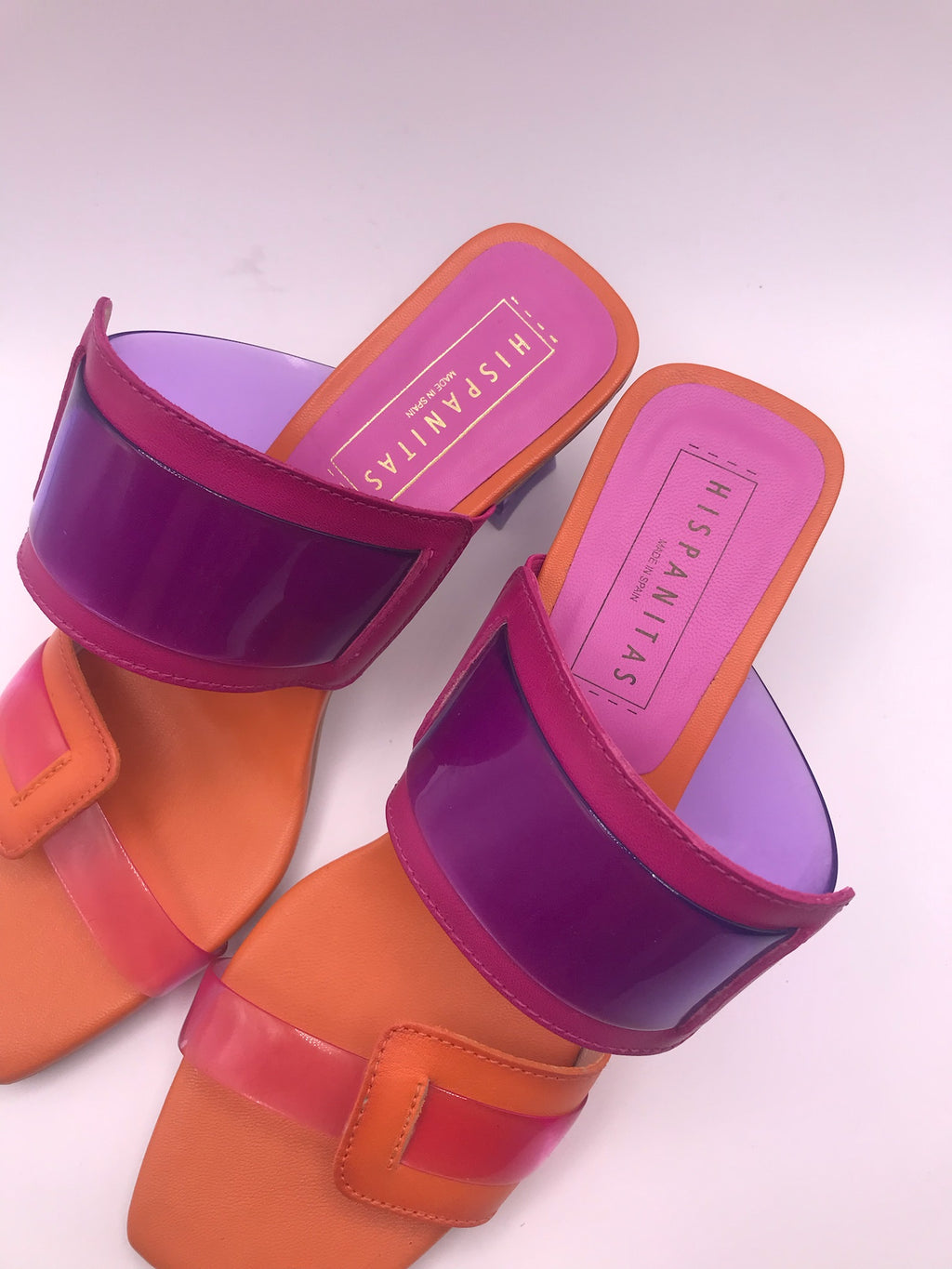 SALTO SANDÁLIA HISPANITAS ROXO LARANJA COURO TIRA SILICONE BICO QUADRADO