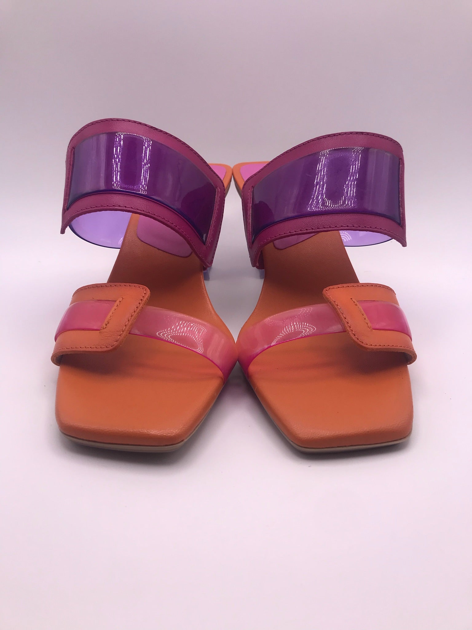 SALTO SANDÁLIA HISPANITAS ROXO LARANJA COURO TIRA SILICONE BICO QUADRADO