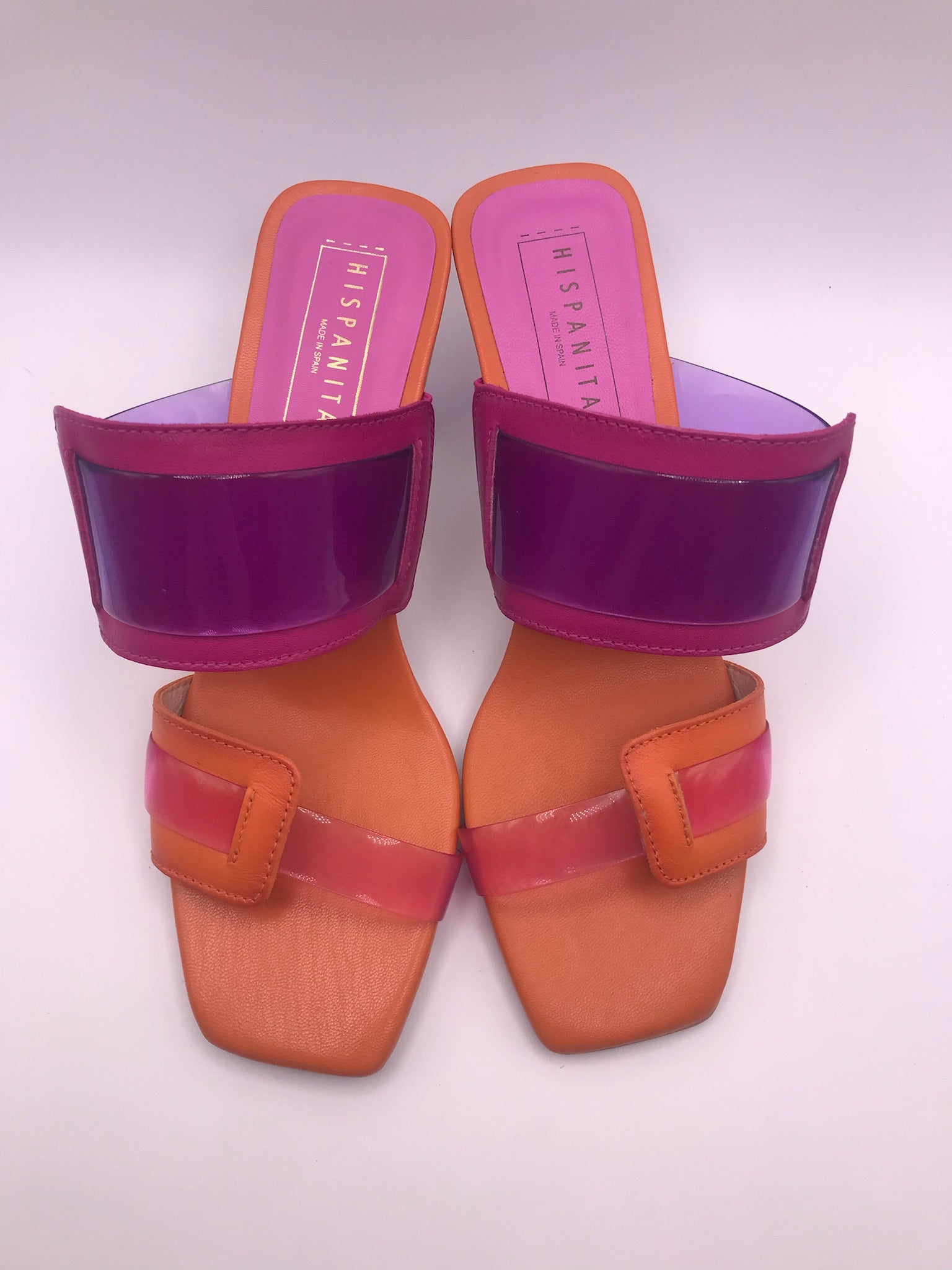 SALTO SANDÁLIA HISPANITAS ROXO LARANJA COURO TIRA SILICONE BICO QUADRADO