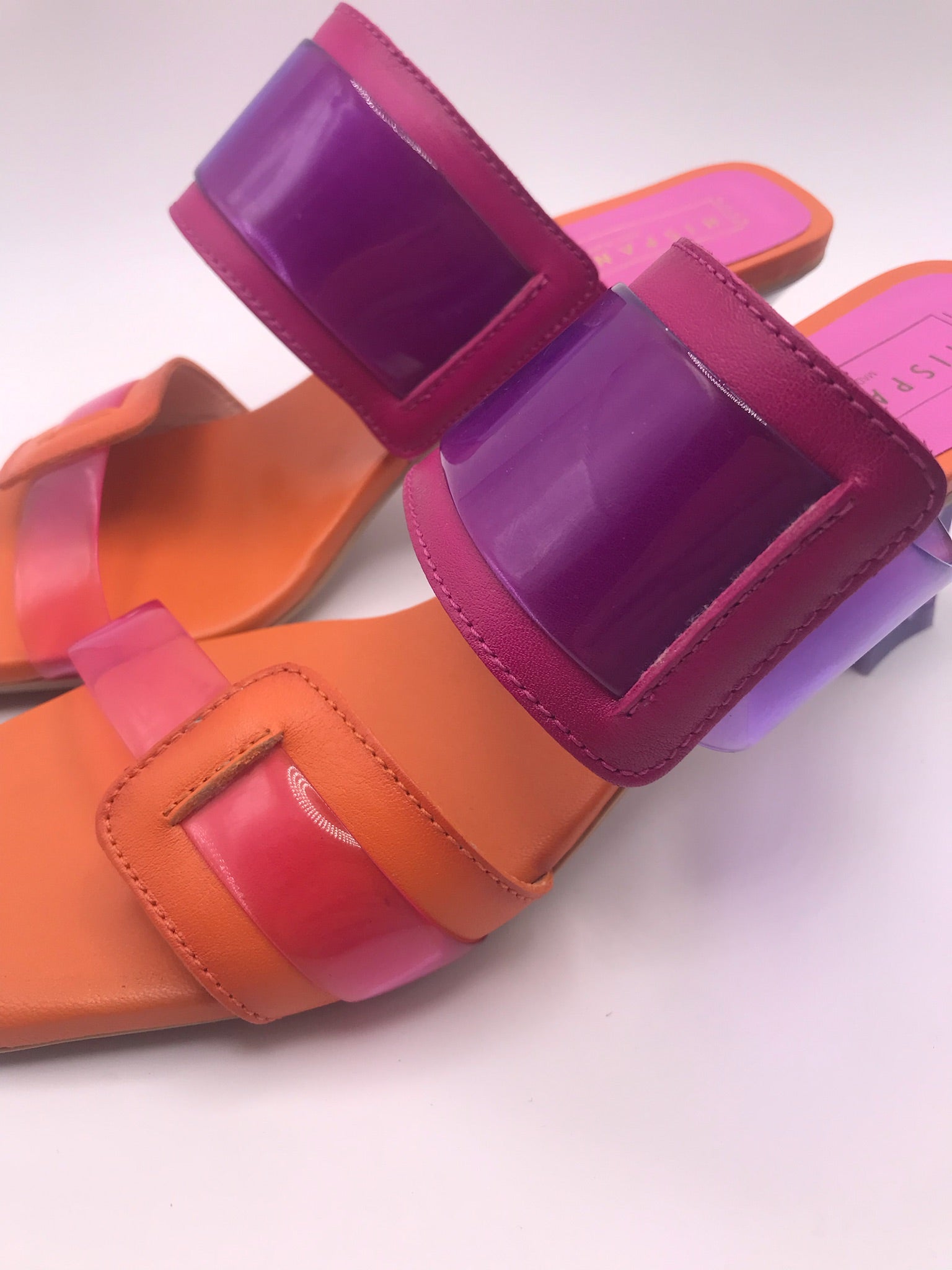 SALTO SANDÁLIA HISPANITAS ROXO LARANJA COURO TIRA SILICONE BICO QUADRADO