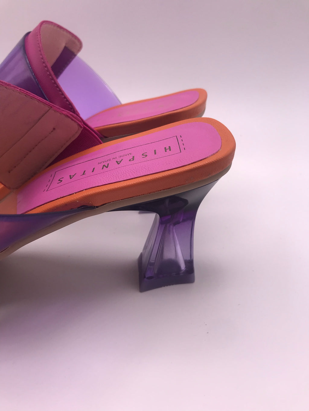 SALTO SANDÁLIA HISPANITAS ROXO LARANJA COURO TIRA SILICONE BICO QUADRADO