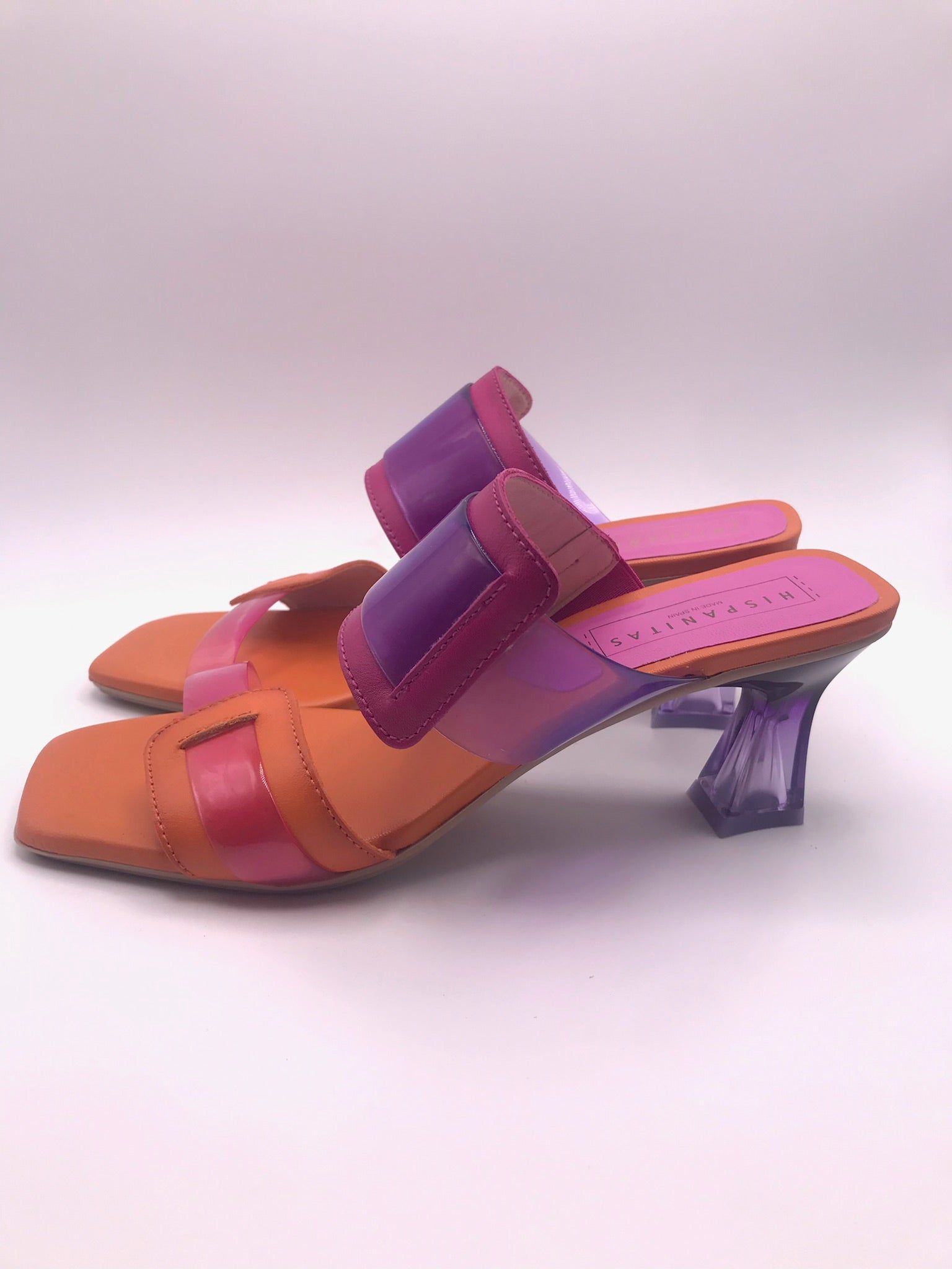 SALTO SANDÁLIA HISPANITAS ROXO LARANJA COURO TIRA SILICONE BICO QUADRADO