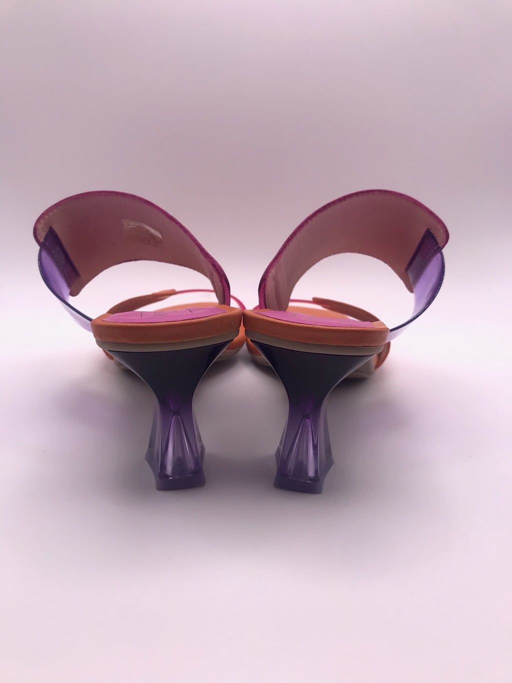 SALTO SANDÁLIA HISPANITAS ROXO LARANJA COURO TIRA SILICONE BICO QUADRADO
