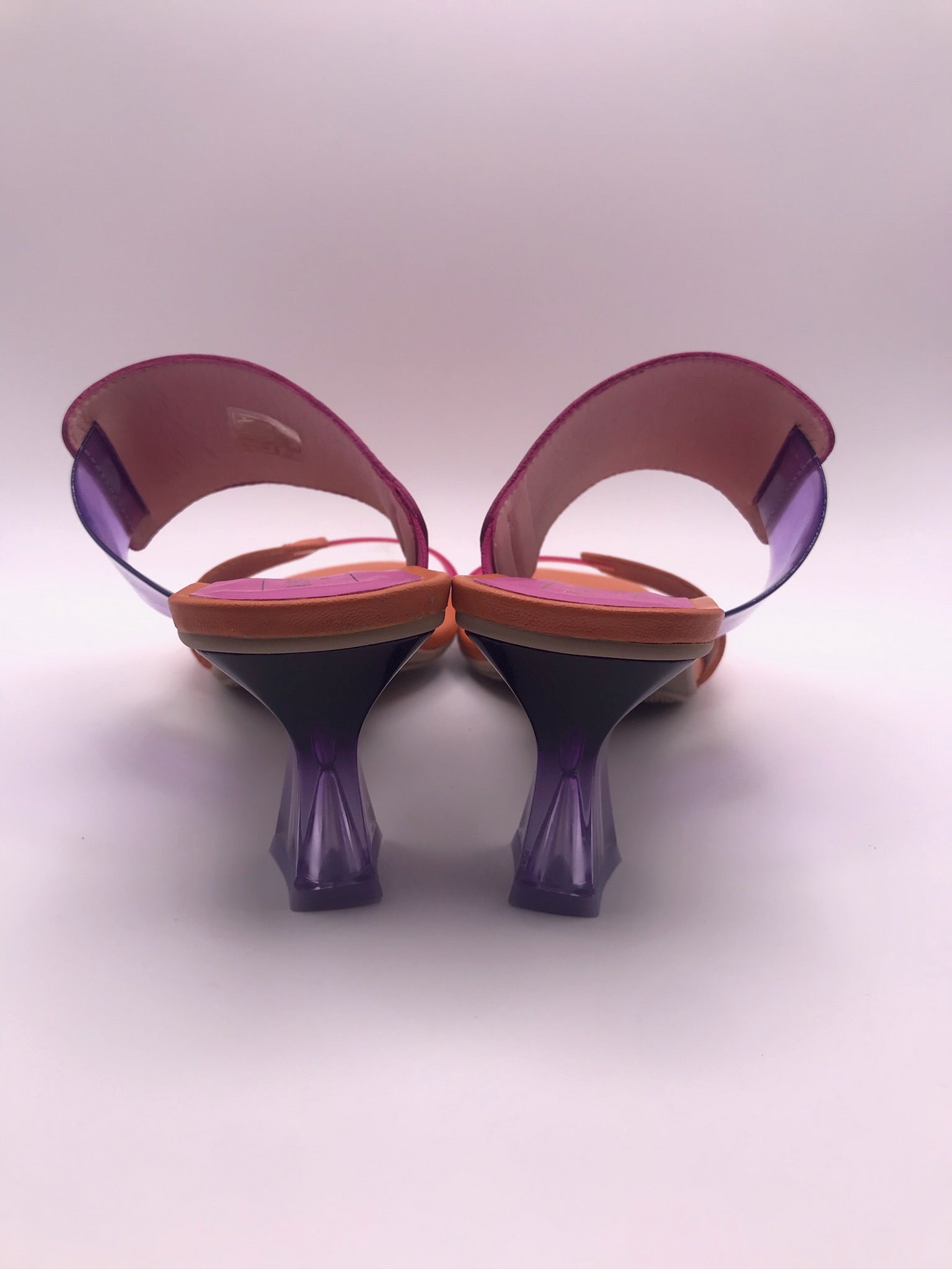 SALTO SANDÁLIA HISPANITAS ROXO LARANJA COURO TIRA SILICONE BICO QUADRADO