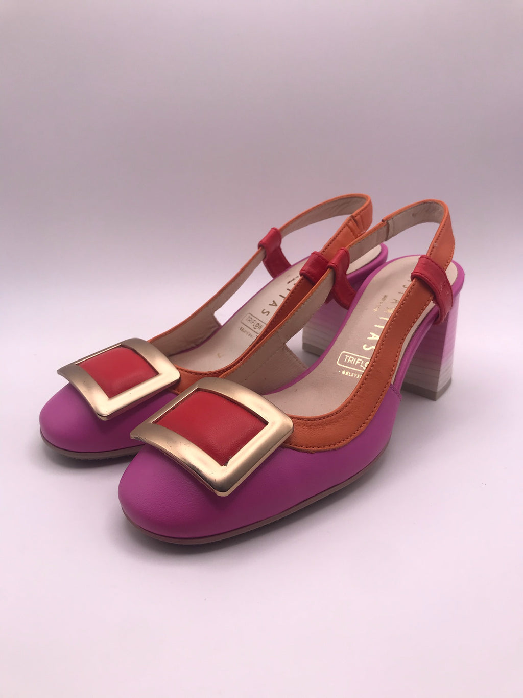 SALTO MULLET HISPANITAS ROXO LARANJA ROSA COURO APLICAÇÃO QUADRADA DOURADO VERMELHO BICO REDONDO