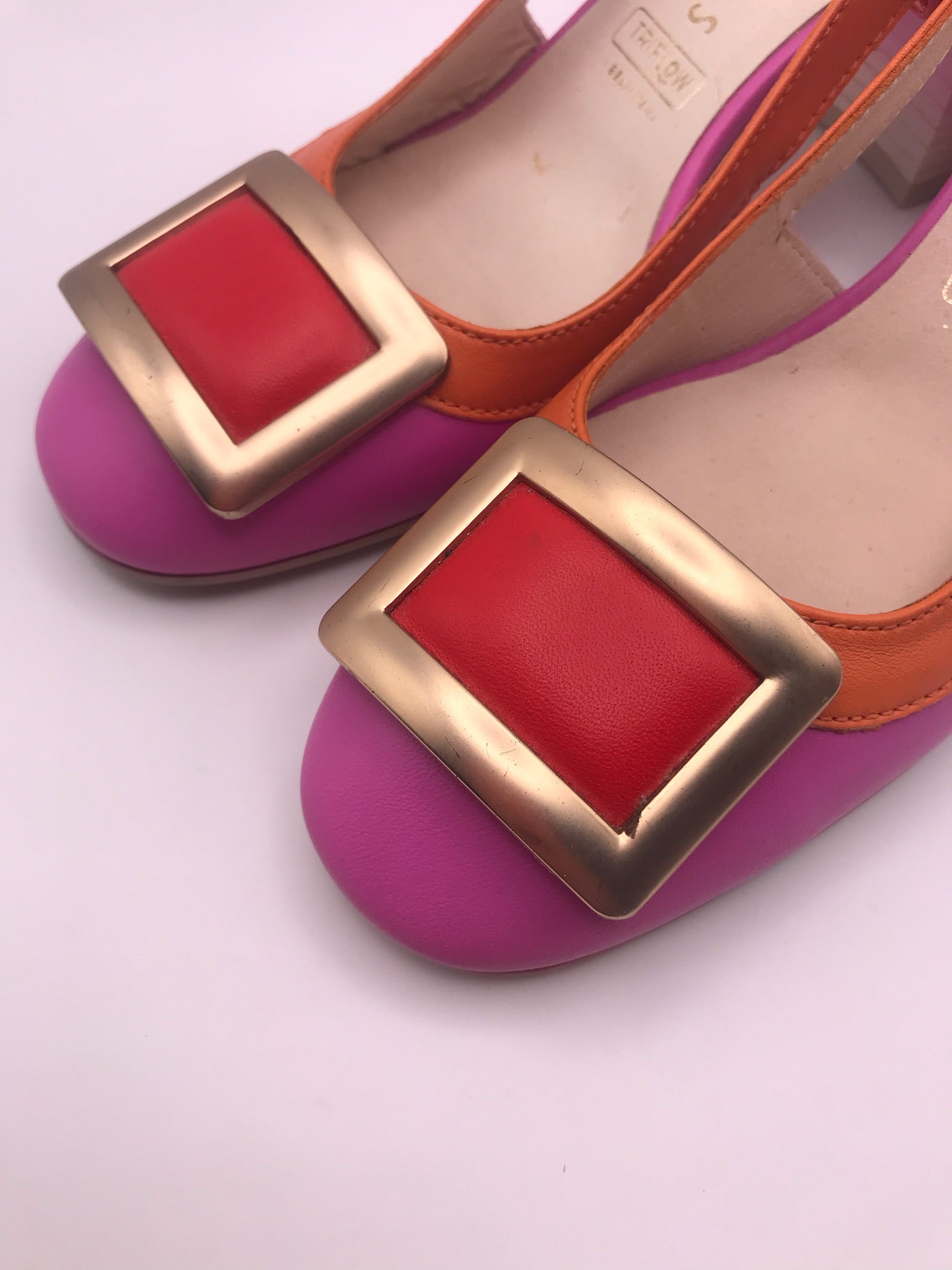 SALTO MULLET HISPANITAS ROXO LARANJA ROSA COURO APLICAÇÃO QUADRADA DOURADO VERMELHO BICO REDONDO