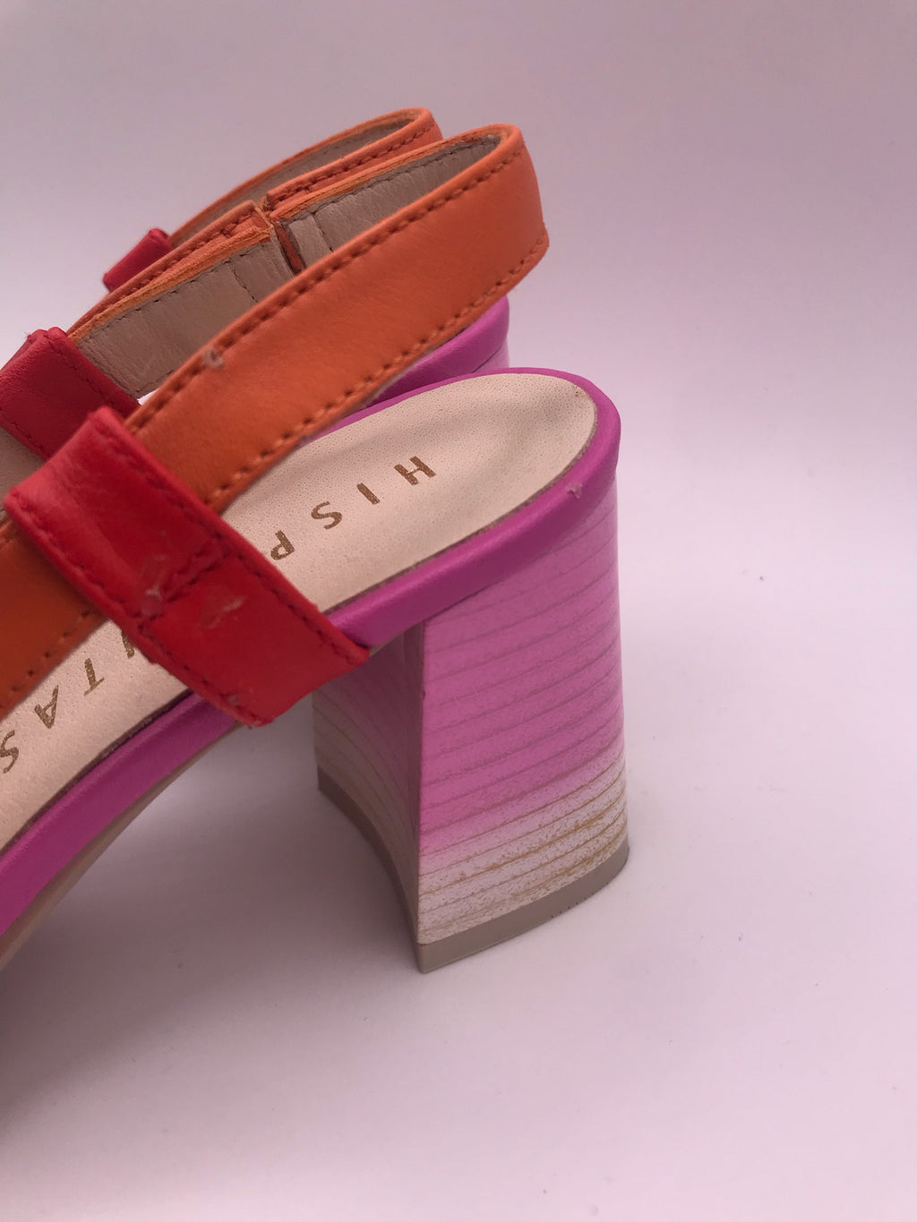 SALTO MULLET HISPANITAS ROXO LARANJA ROSA COURO APLICAÇÃO QUADRADA DOURADO VERMELHO BICO REDONDO