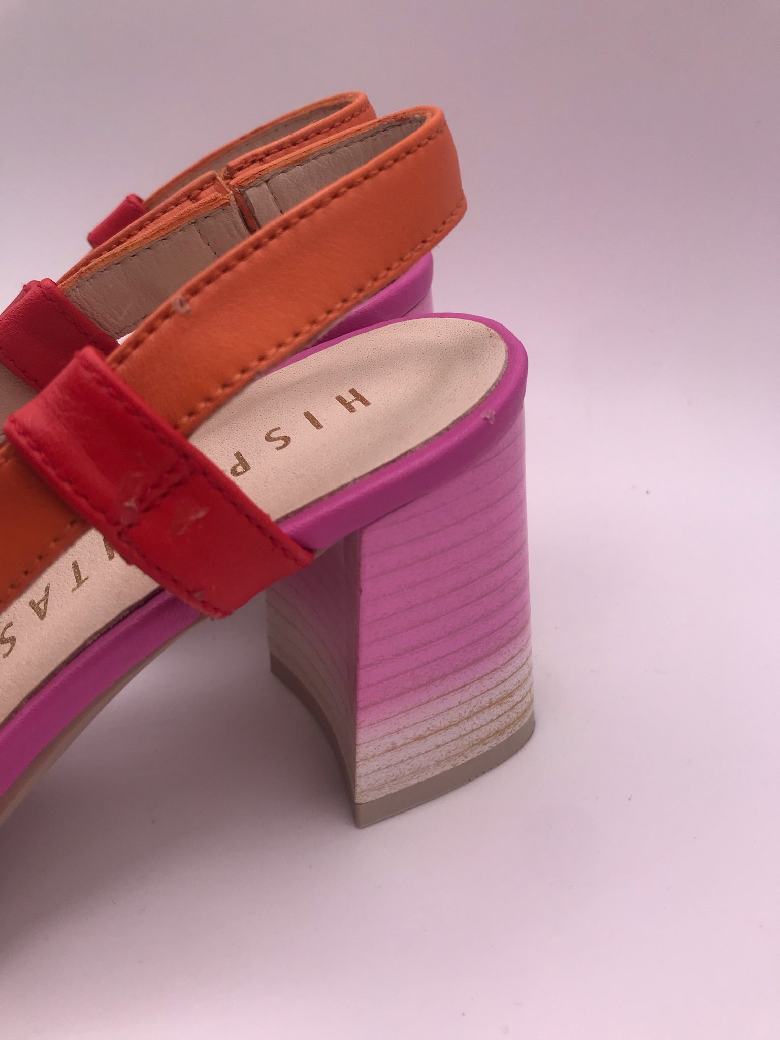 SALTO MULLET HISPANITAS ROXO LARANJA ROSA COURO APLICAÇÃO QUADRADA DOURADO VERMELHO BICO REDONDO